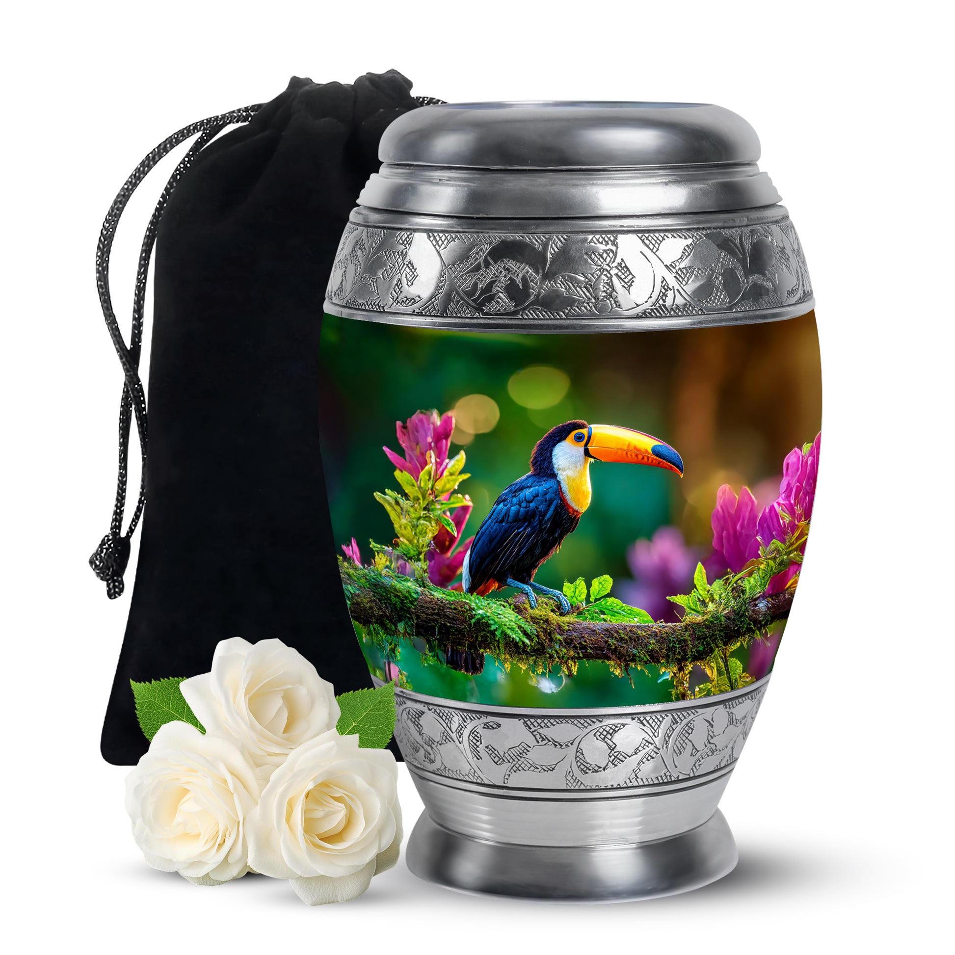 Lemon Yellow Hornbill Cremation Urn back view with polished surface - royal hornbill engraving with decorative scrollwork - full-size 10 inch 200 cubic inch adult cremation urn
