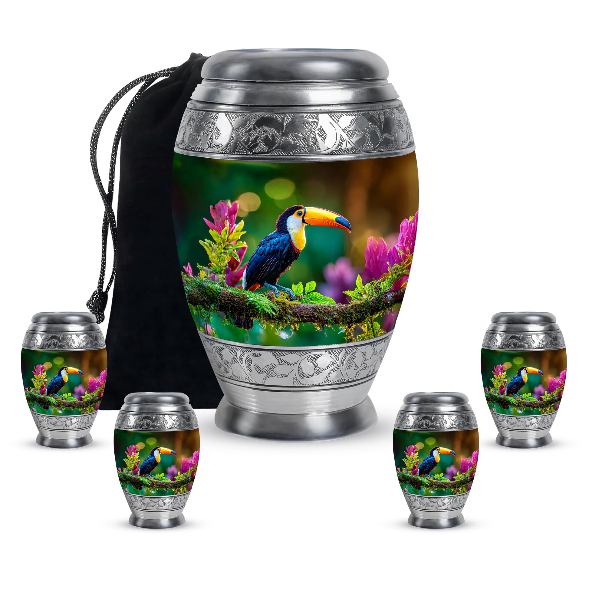 Soft Yellow Hornbill Cremation Urn detail view - majestic hornbill pattern with filigree border - memorial set with one large and four small urns