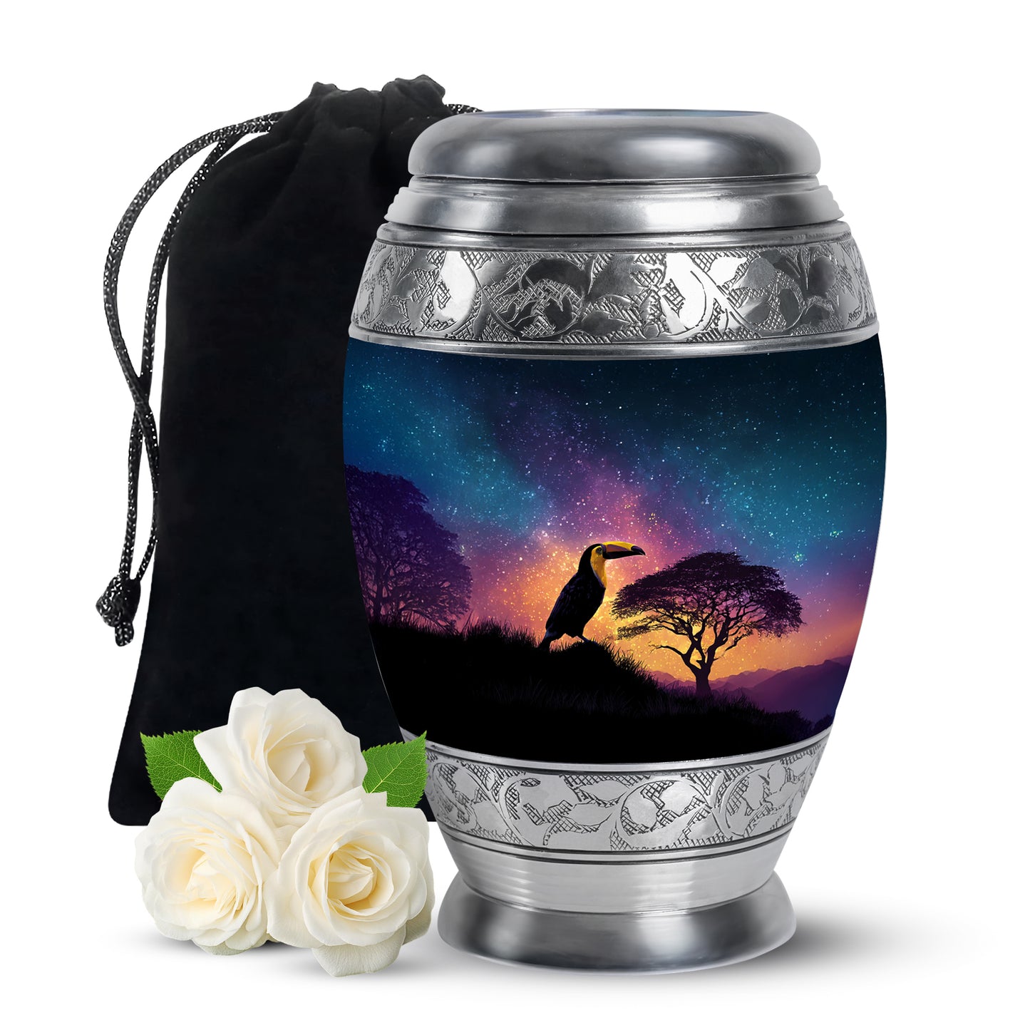 Icy Blue Hornbill Cremation Urn back view with polished surface - regal hornbill design with crown-inspired accents - full-size 10 inch 200 cubic inch adult cremation urn