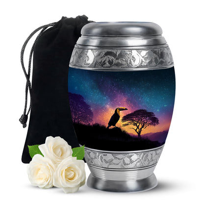 Icy Blue Hornbill Cremation Urn back view with polished surface - regal hornbill design with crown-inspired accents - full-size 10 inch 200 cubic inch adult cremation urn