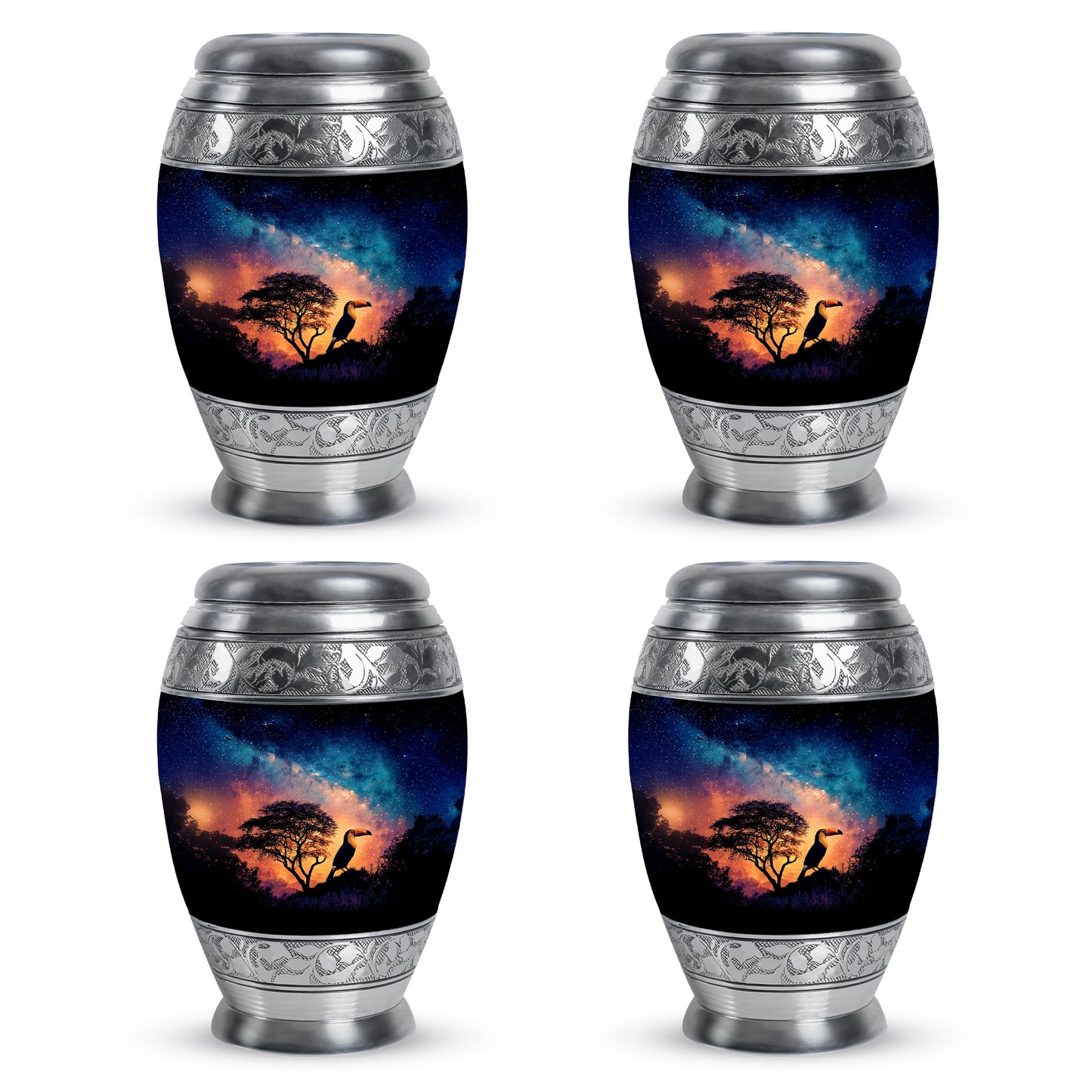 Powder Blue Hornbill Cremation Urn urn with complimentary velvet bag - regal hornbill design with crown-inspired accents - 10 inch aluminum urn for cremated remains