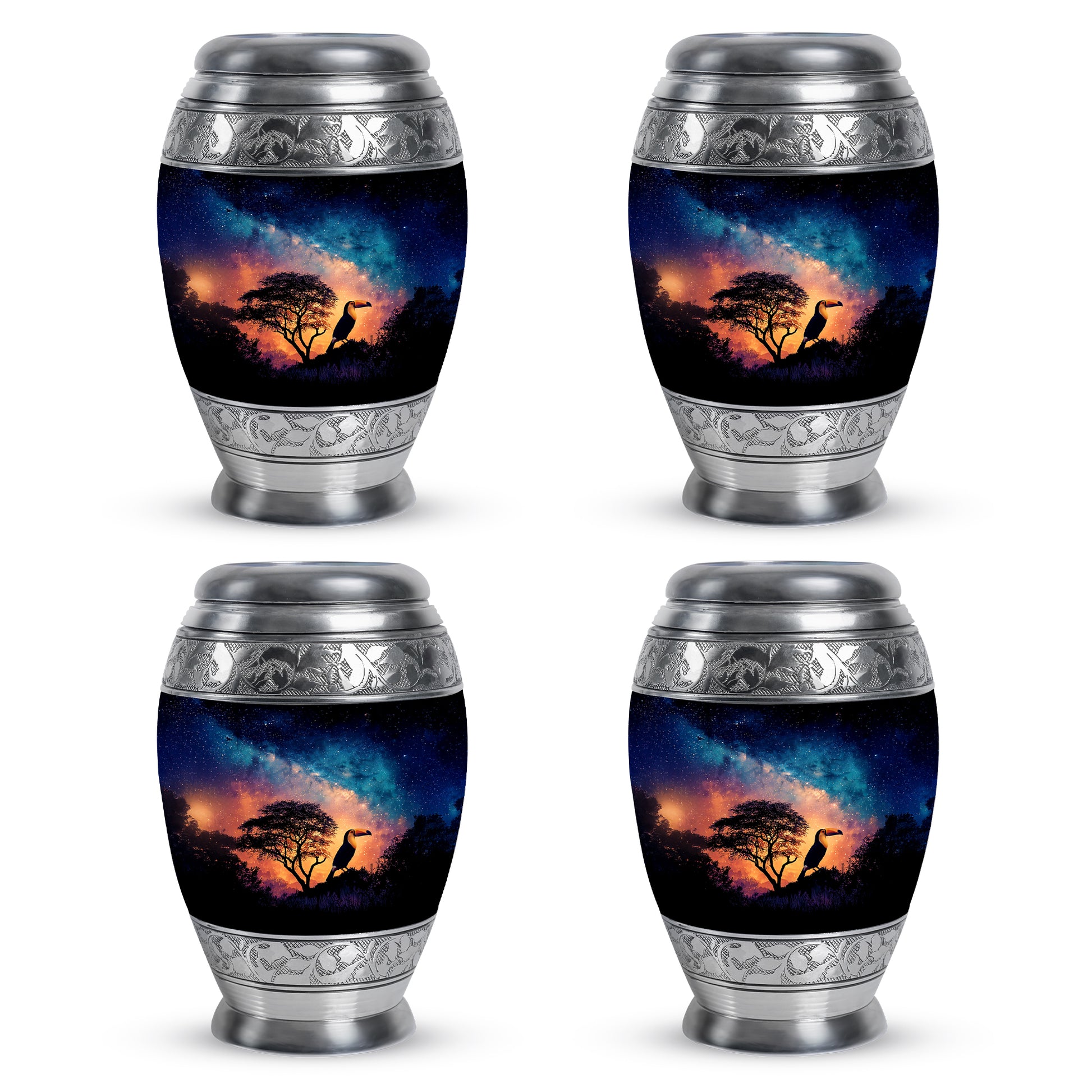 Powder Blue Hornbill Cremation Urn urn with complimentary velvet bag - regal hornbill design with crown-inspired accents - 10 inch aluminum urn for cremated remains