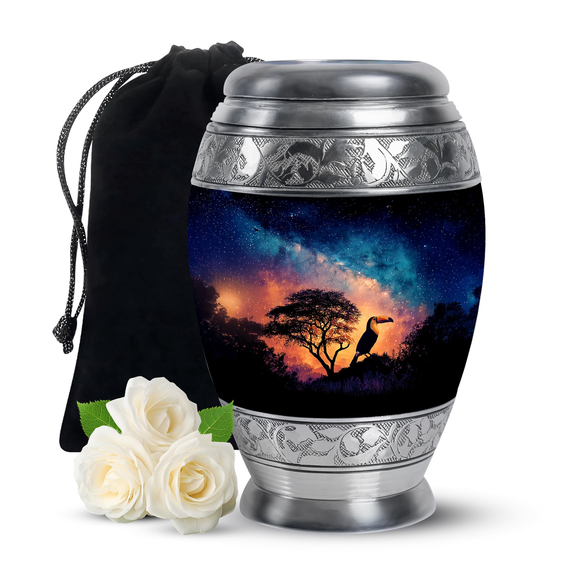 Cornflower Blue Hornbill Cremation Urn back view with polished surface - royal hornbill engraving with decorative scrollwork - full-size 10 inch 200 cubic inch adult cremation urn