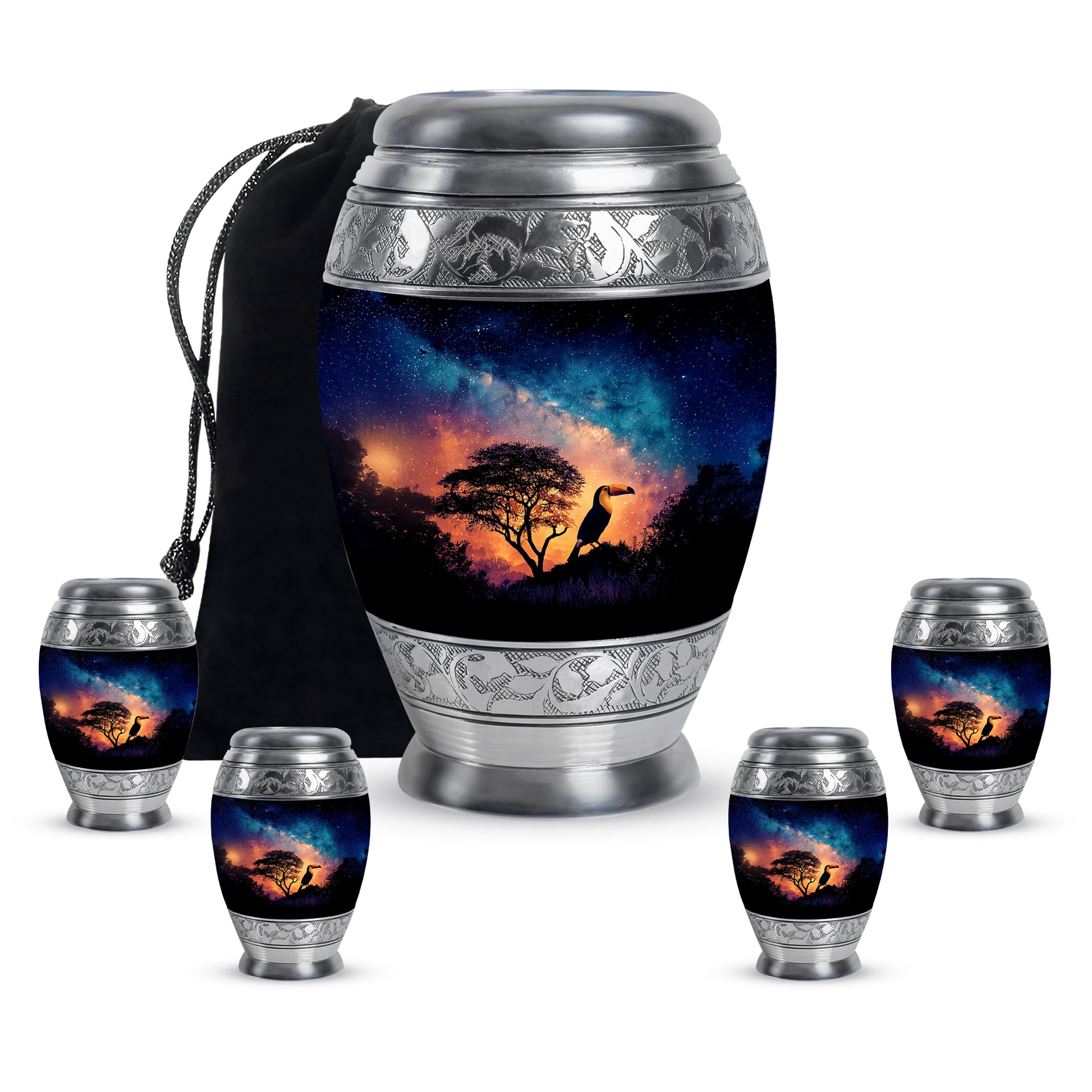Navy Blue Hornbill Cremation Urn detail view - regal hornbill design with crown-inspired accents - memorial set with one large and four small urns