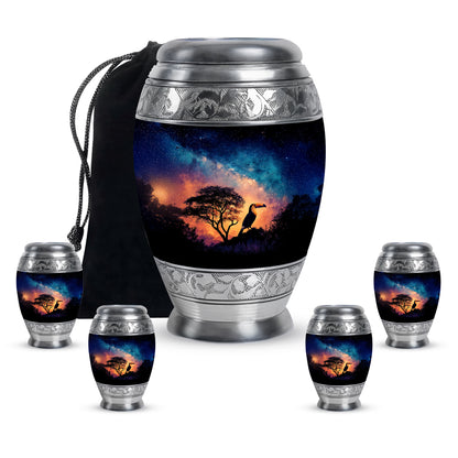 Navy Blue Hornbill Cremation Urn detail view - regal hornbill design with crown-inspired accents - memorial set with one large and four small urns