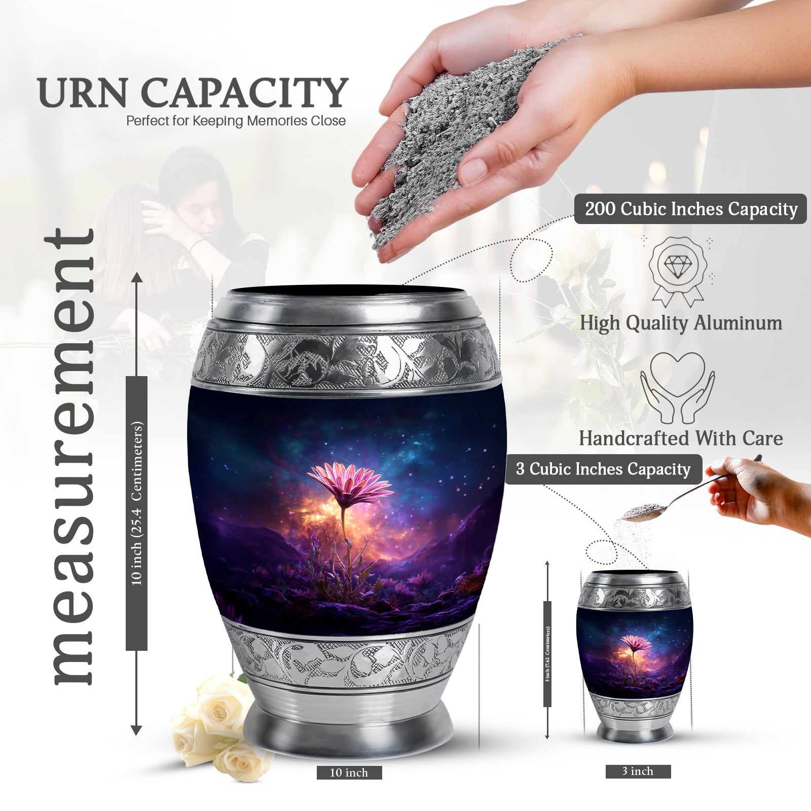 Slate Blue Daisy Cremation Urn lifestyle display on memorial shelf - ornate monarch-style daisy relief on brushed aluminum - mini keepsake memorial for portion of cremation ashes