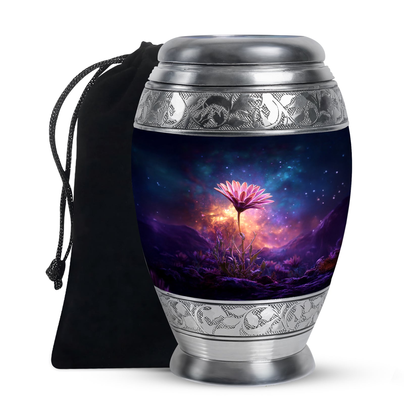Twilight Blue Daisy Cremation Urn back view with polished surface - royal daisy engraving with decorative scrollwork - full-size 10 inch 200 cubic inch adult cremation urn