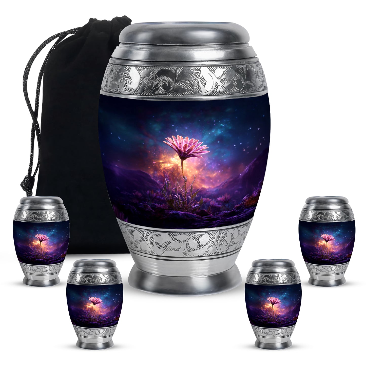 Cobalt Blue Daisy Cremation Urn detail view - majestic daisy pattern with filigree border - memorial set with one large and four small urns