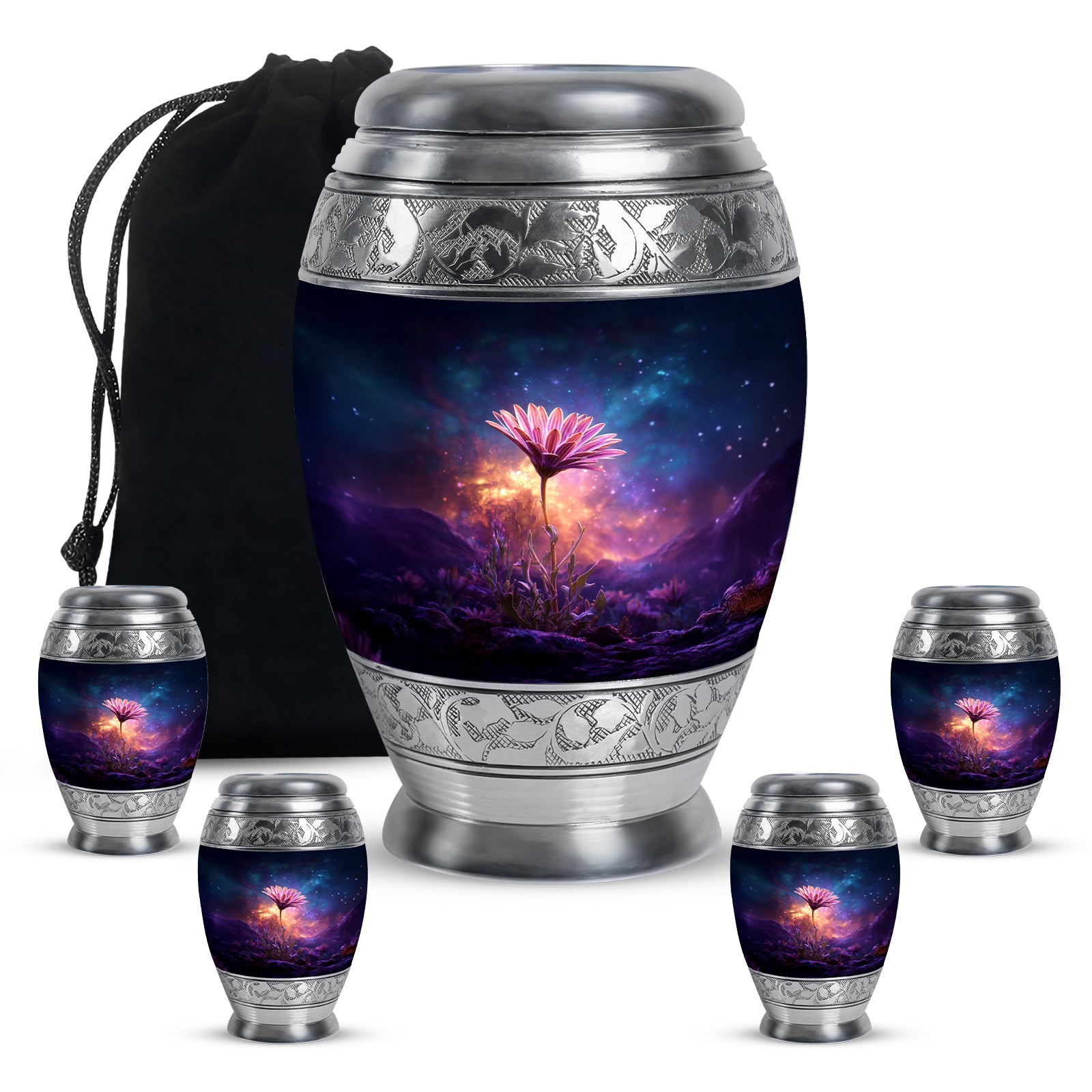 Cobalt Blue Daisy Cremation Urn detail view - majestic daisy pattern with filigree border - memorial set with one large and four small urns