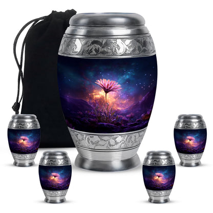 Cobalt Blue Daisy Cremation Urn detail view - majestic daisy pattern with filigree border - memorial set with one large and four small urns