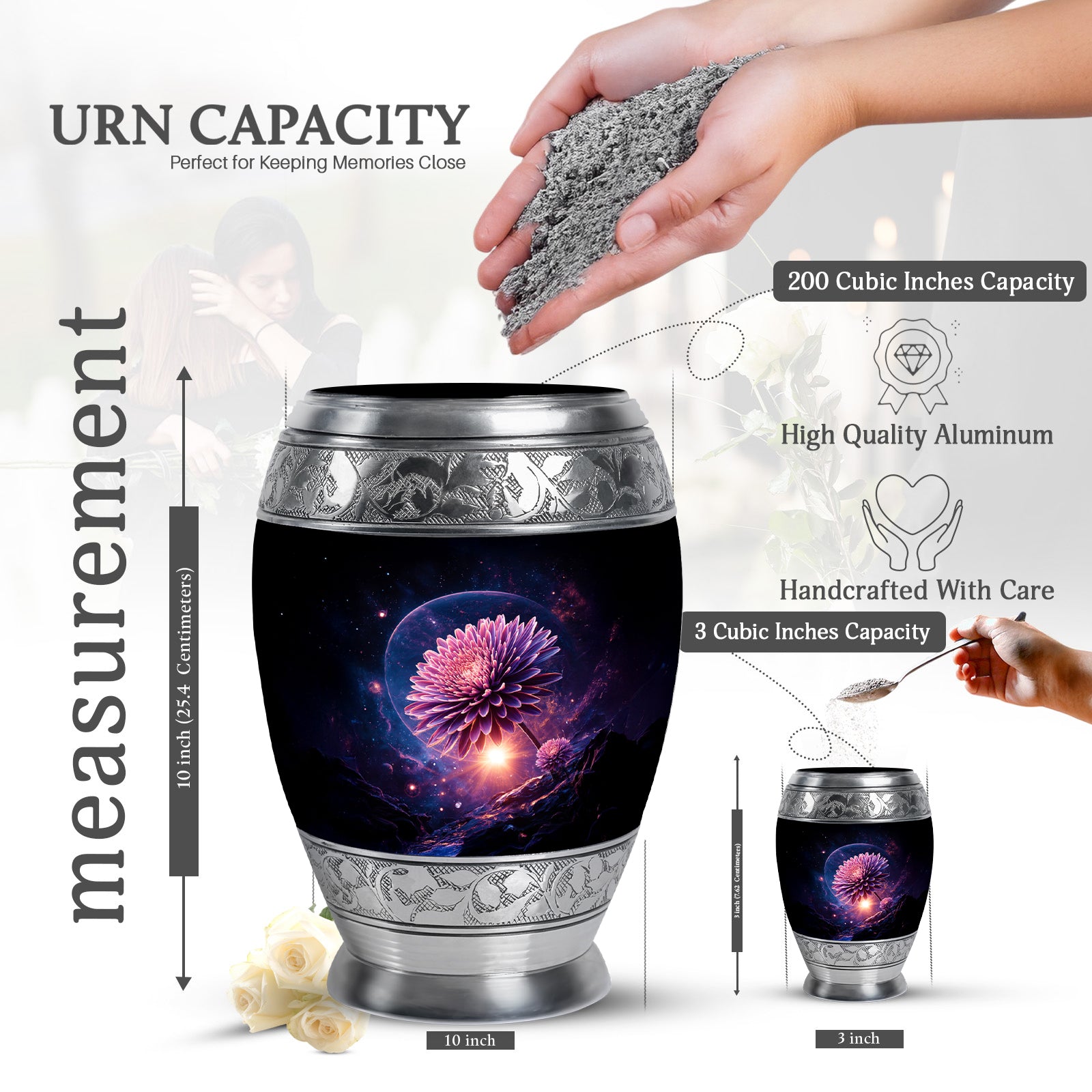 Onyx Black Daisy Cremation Urn lifestyle display on memorial shelf - majestic daisy pattern with filigree border - mini keepsake memorial for portion of cremation ashes