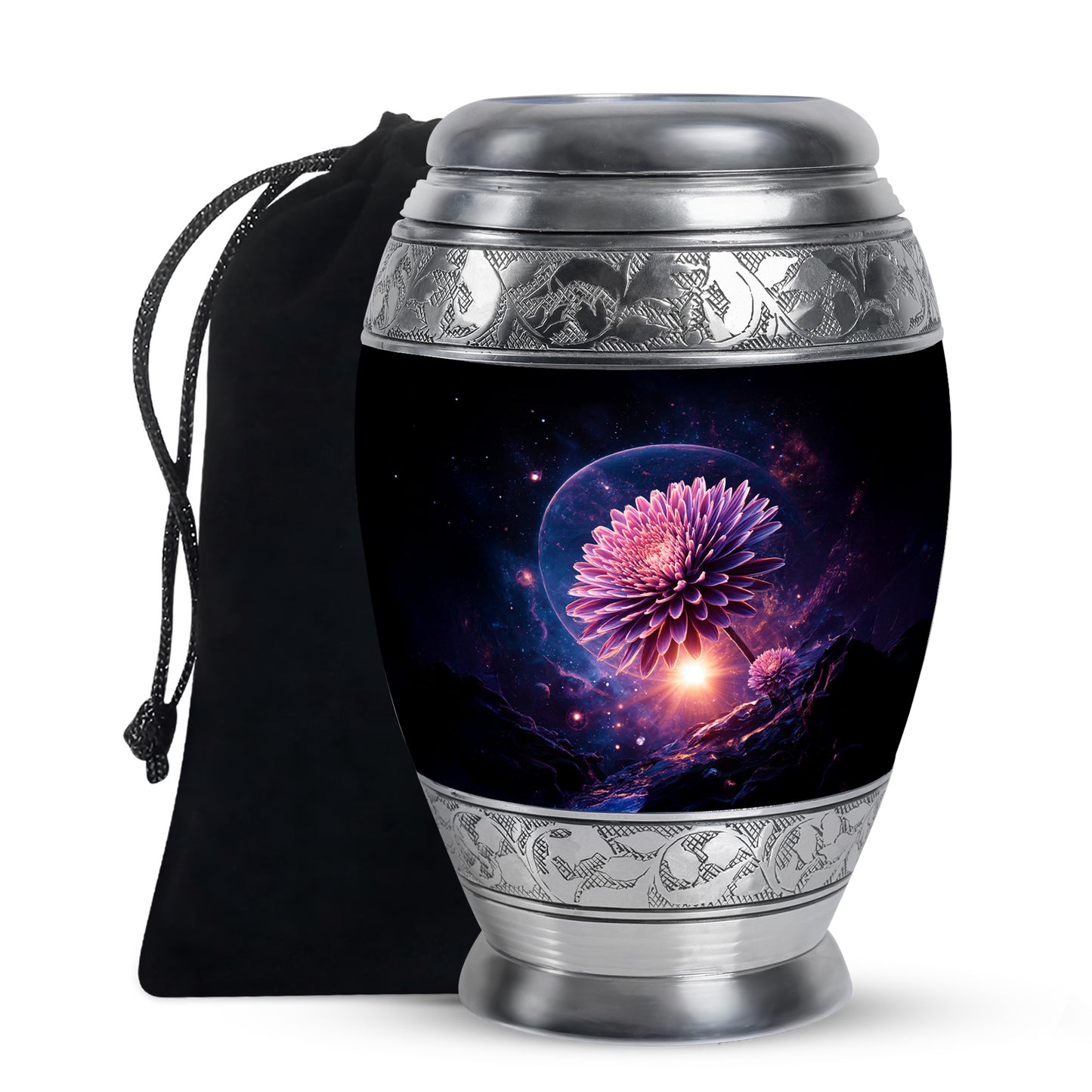 Ebony Daisy Cremation Urn back view with polished surface - regal daisy design with crown-inspired accents - full-size 10 inch 200 cubic inch adult cremation urn