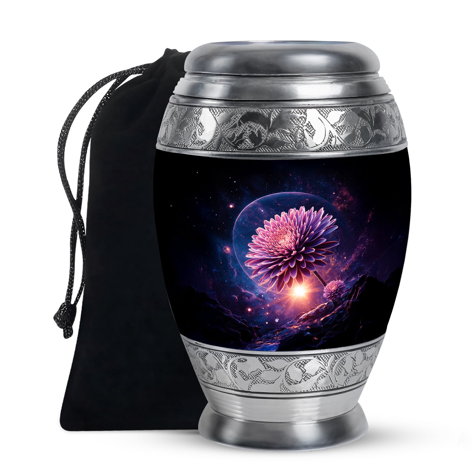Ebony Daisy Cremation Urn back view with polished surface - regal daisy design with crown-inspired accents - full-size 10 inch 200 cubic inch adult cremation urn