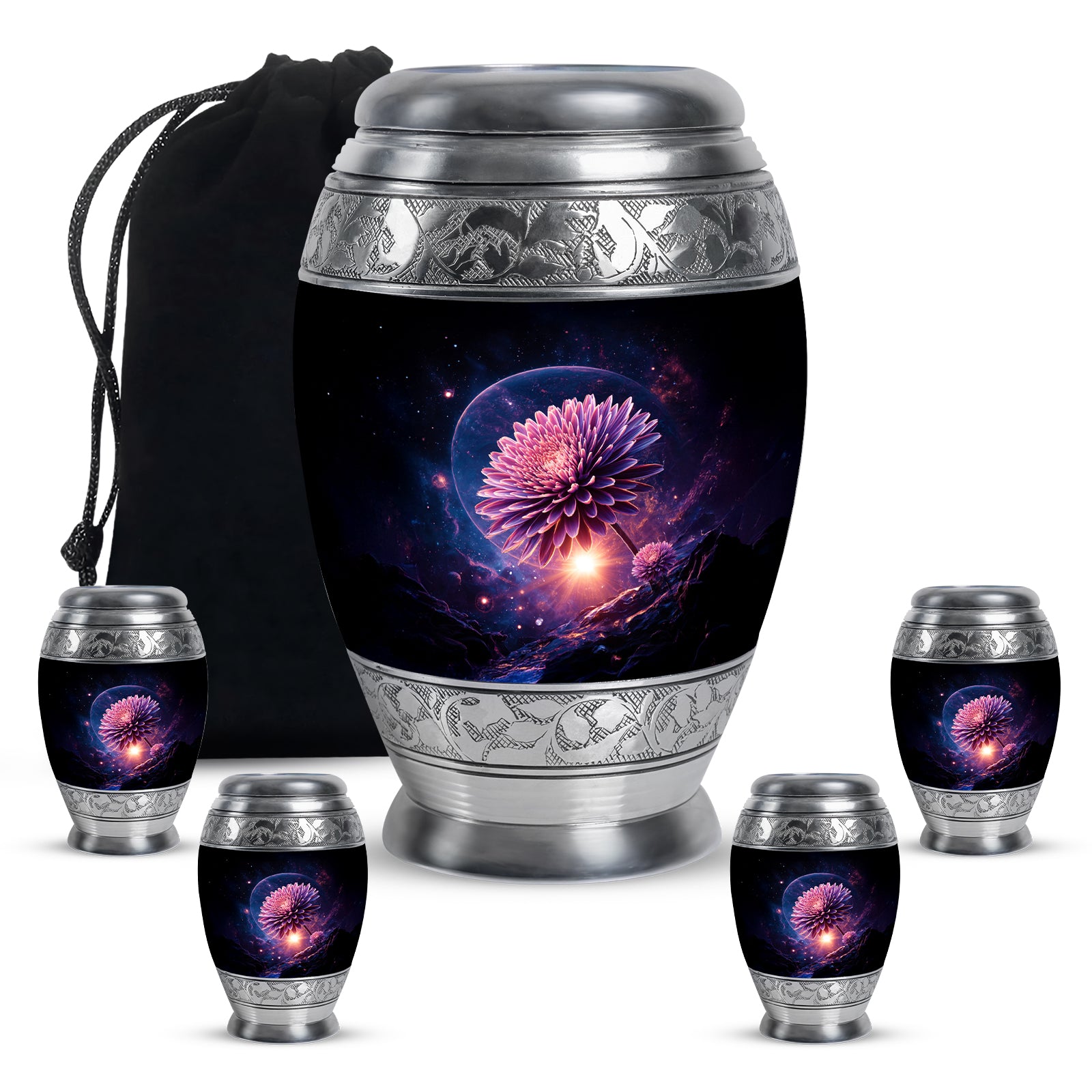 Deep Black Daisy Cremation Urn detail view - regal daisy design with crown-inspired accents - memorial set with one large and four small urns