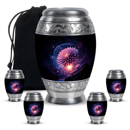 Deep Black Daisy Cremation Urn detail view - regal daisy design with crown-inspired accents - memorial set with one large and four small urns