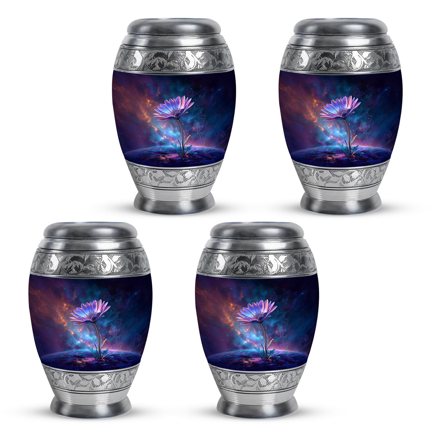 Celestial Blue Daisy Cremation Urn urn with complimentary velvet bag - ornate monarch-style daisy relief on brushed aluminum - 10 inch aluminum urn for cremated remains
