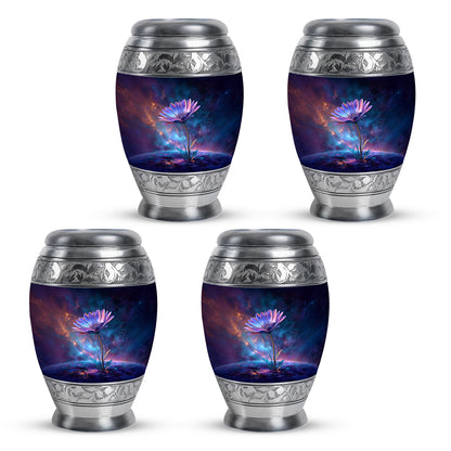 Celestial Blue Daisy Cremation Urn urn with complimentary velvet bag - ornate monarch-style daisy relief on brushed aluminum - 10 inch aluminum urn for cremated remains