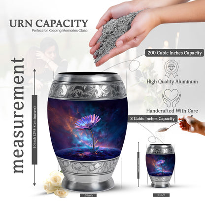 Cobalt Blue Daisy Cremation Urn lifestyle display on memorial shelf - royal daisy engraving with decorative scrollwork - mini keepsake memorial for portion of cremation ashes
