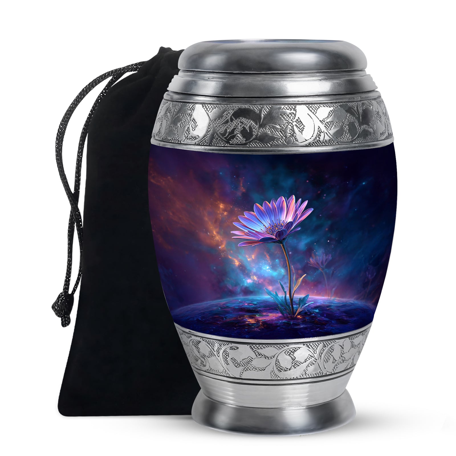 Dusty Blue Daisy Cremation Urn back view with polished surface - regal daisy design with crown-inspired accents - full-size 10 inch 200 cubic inch adult cremation urn