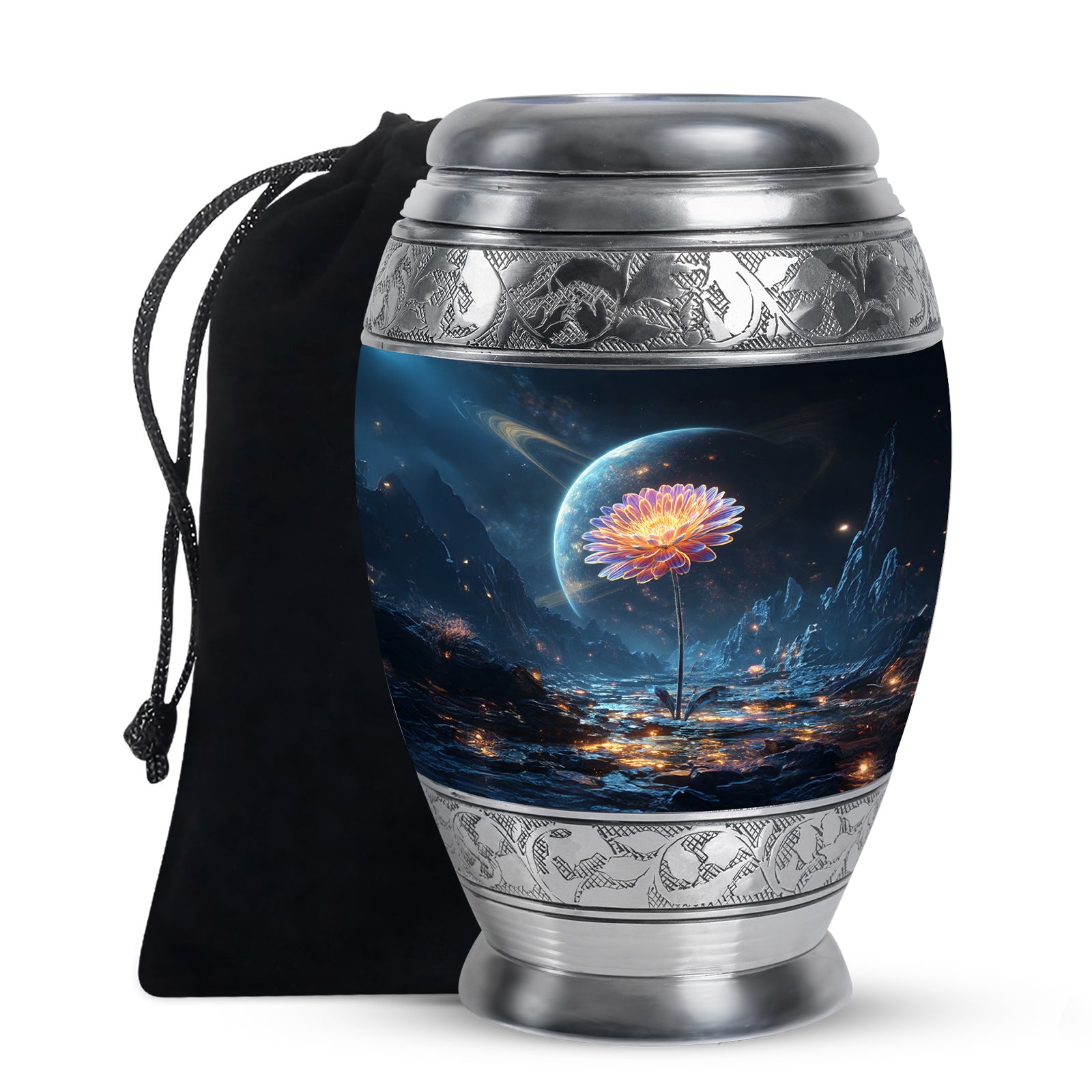 Cornflower Blue Daisy Cremation Urn back view with polished surface - majestic daisy pattern with filigree border - full-size 10 inch 200 cubic inch adult cremation urn