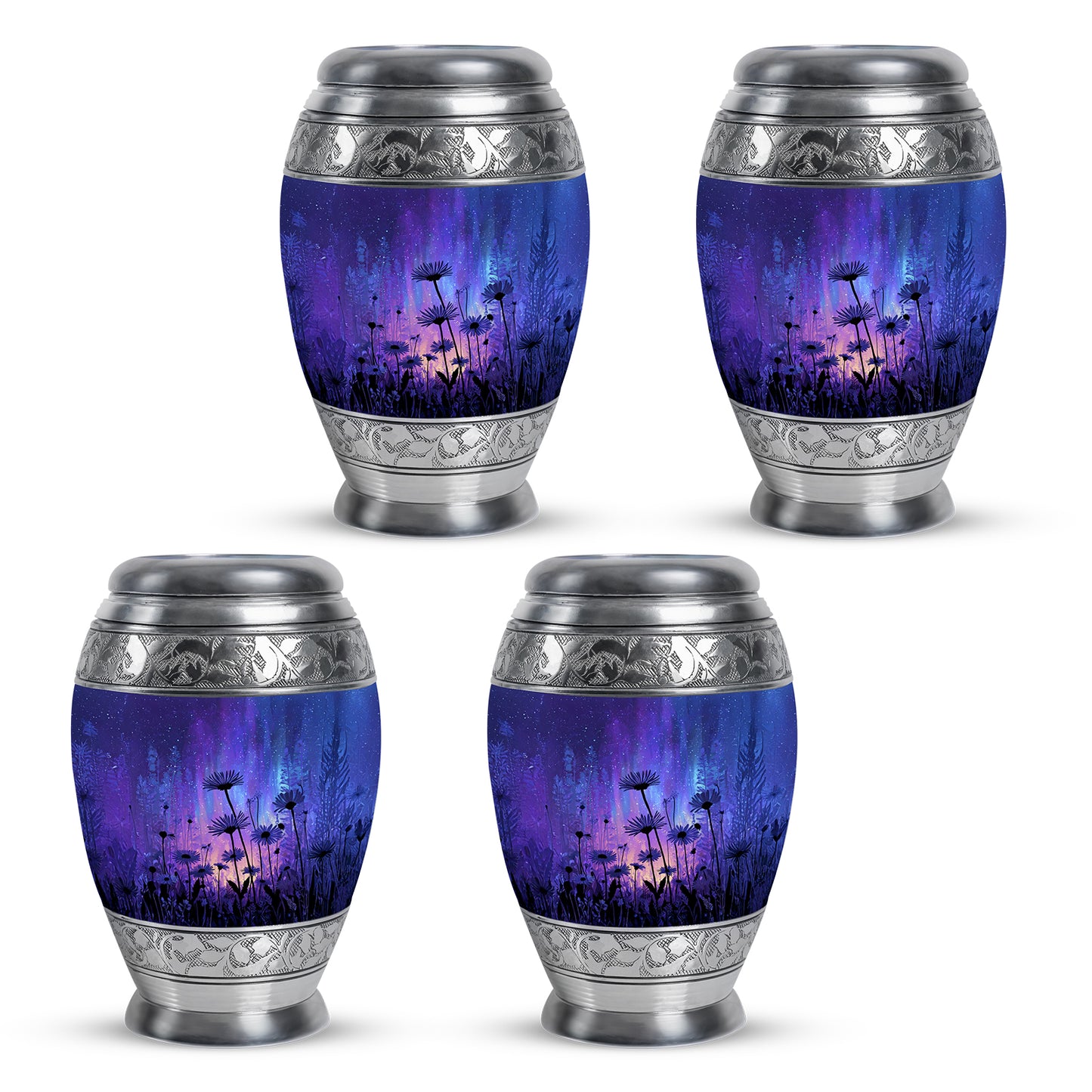 Vivid Blue Daisy Cremation Urn urn with complimentary velvet bag - majestic daisy pattern with filigree border - 10 inch aluminum urn for cremated remains