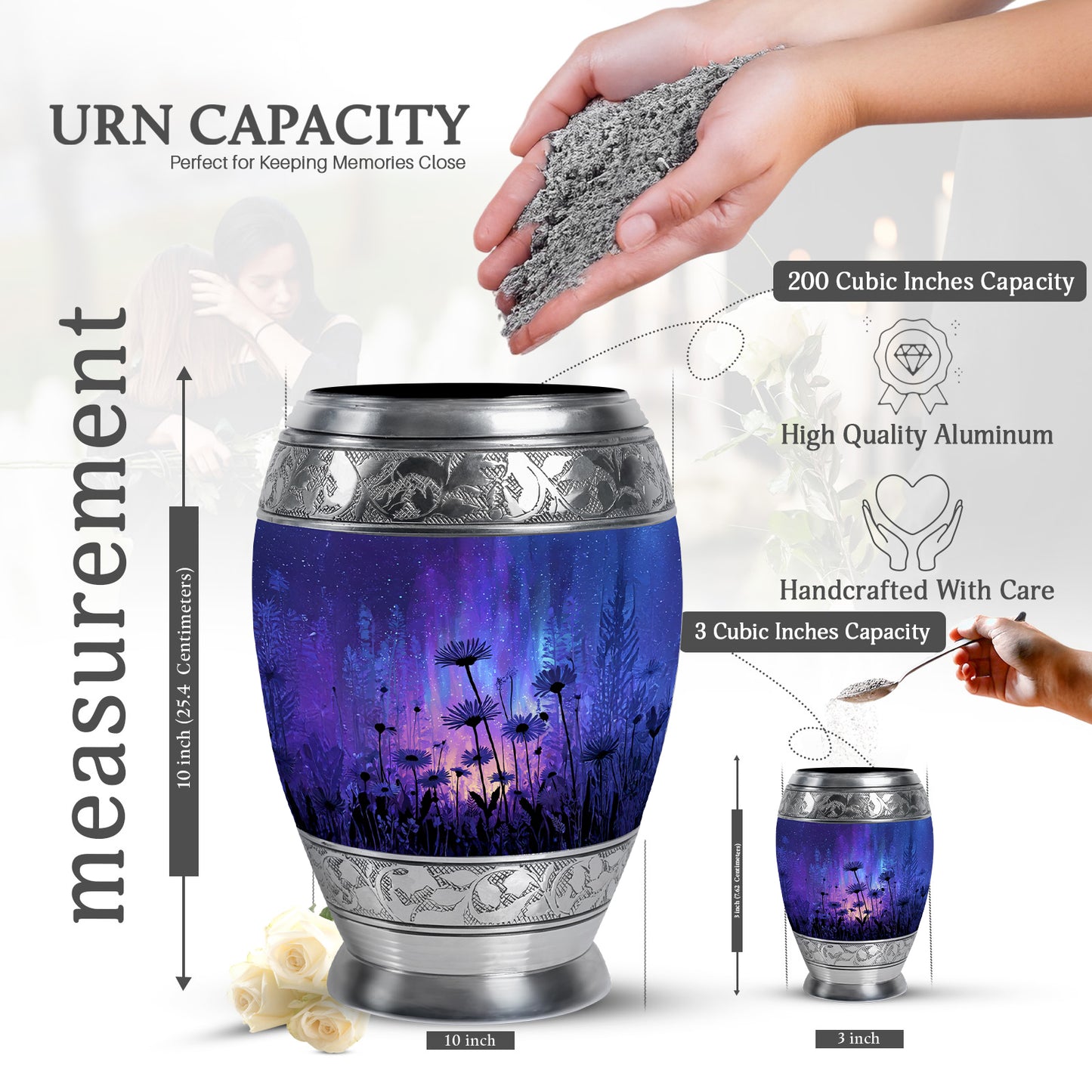 Powder Blue Daisy Cremation Urn lifestyle display on memorial shelf - regal daisy design with crown-inspired accents - mini keepsake memorial for portion of cremation ashes