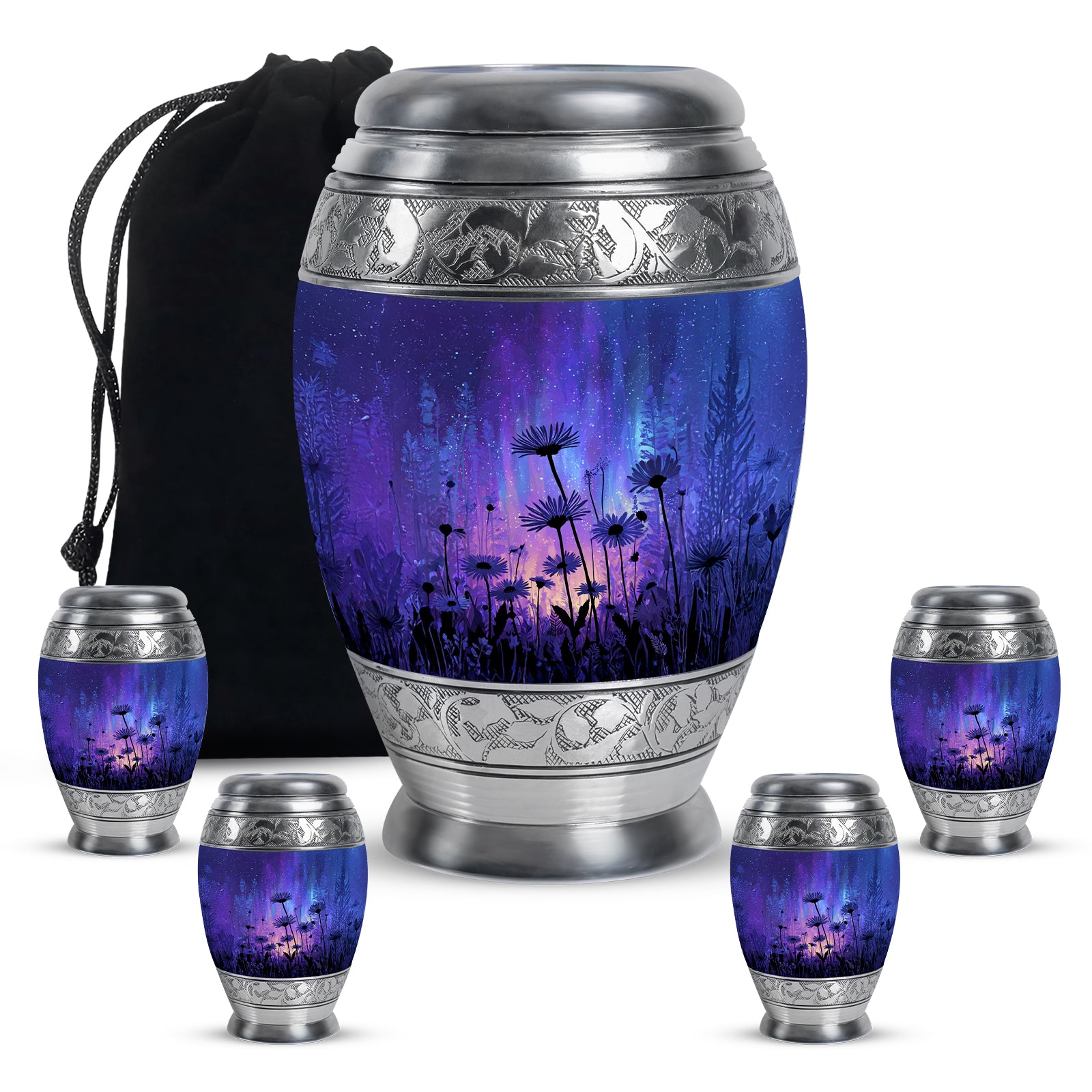 Dusty Blue Daisy Cremation Urn detail view - regal daisy design with crown-inspired accents - memorial set with one large and four small urns