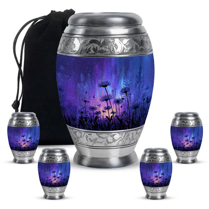 Dusty Blue Daisy Cremation Urn detail view - regal daisy design with crown-inspired accents - memorial set with one large and four small urns
