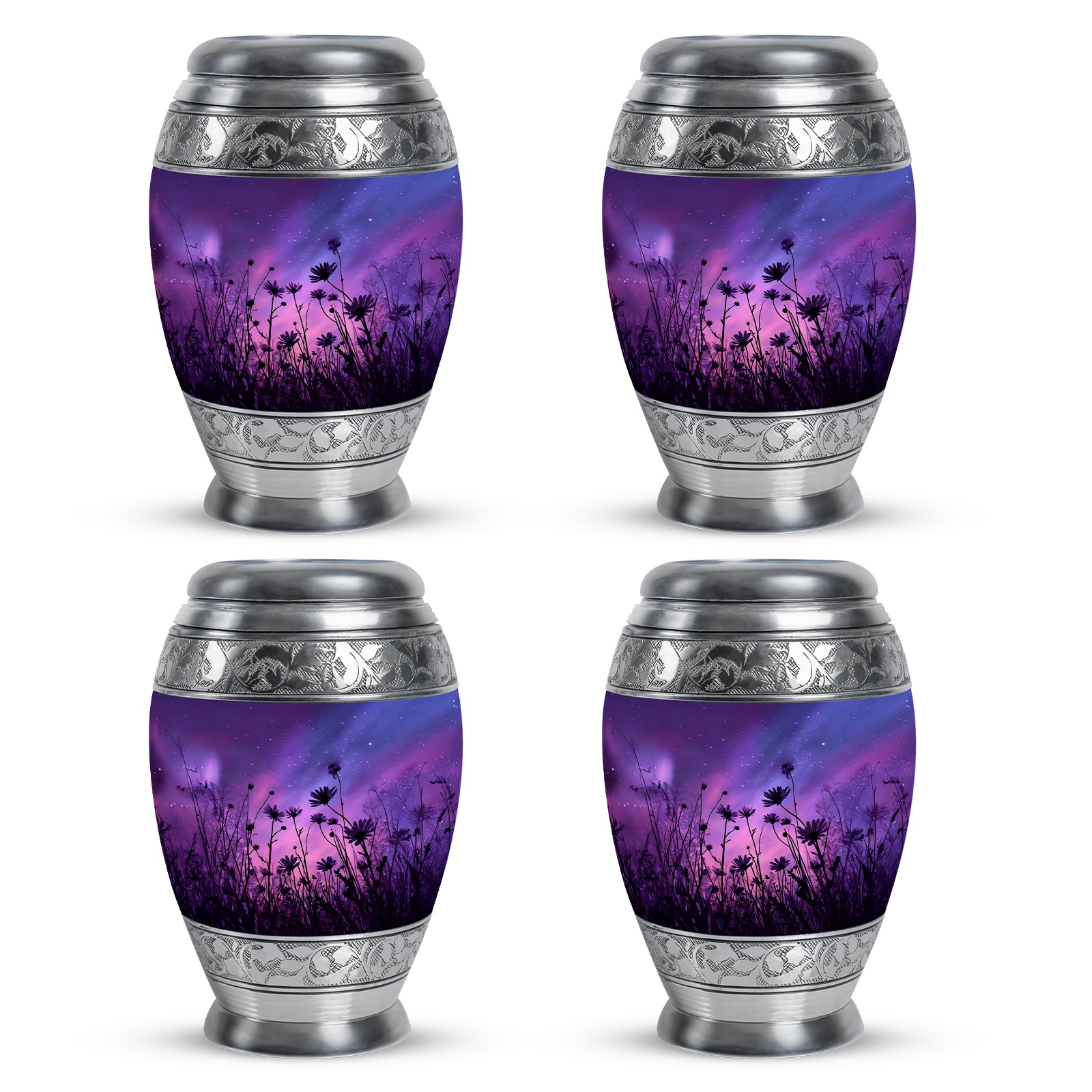 Steel Blue Daisy Cremation Urn urn with complimentary velvet bag - majestic daisy pattern with filigree border - 10 inch aluminum urn for cremated remains