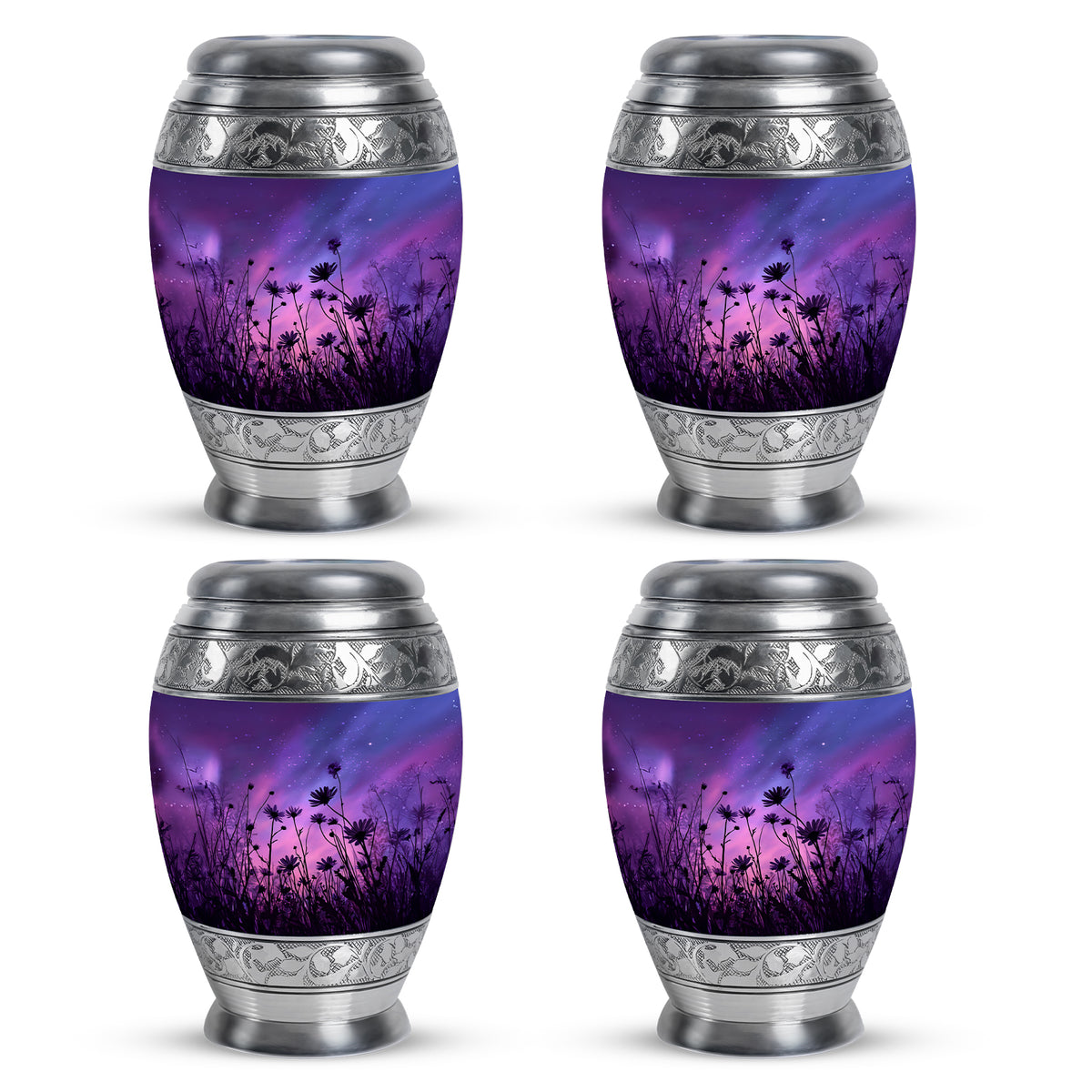 Steel Blue Daisy Cremation Urn urn with complimentary velvet bag - majestic daisy pattern with filigree border - 10 inch aluminum urn for cremated remains