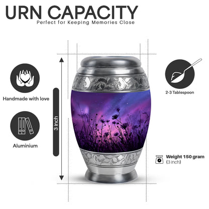 Azure Daisy Cremation Urn lifestyle display on memorial shelf - regal daisy design with crown-inspired accents - mini keepsake memorial for portion of cremation ashes