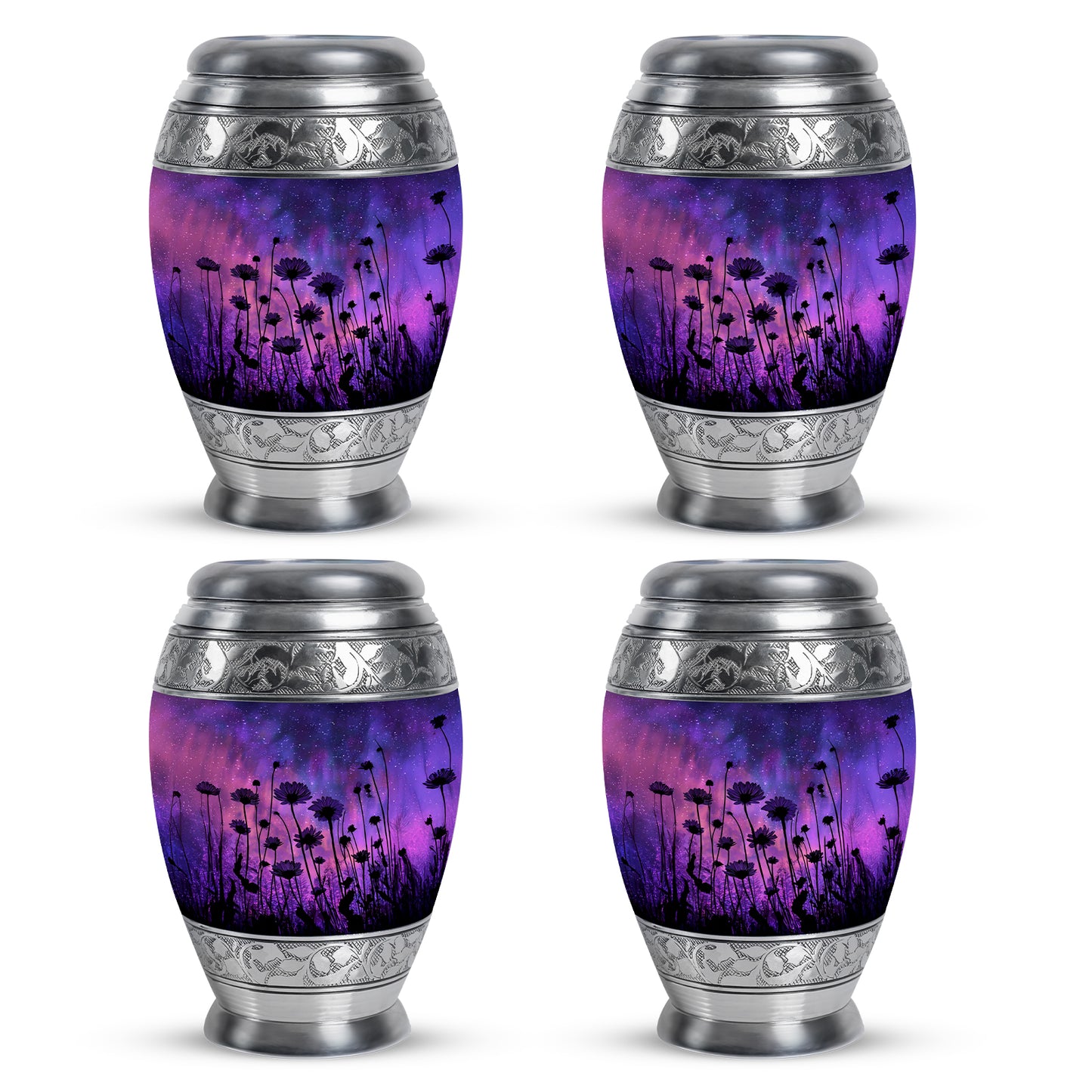 Sapphire Blue Daisy Cremation Urn urn with complimentary velvet bag - majestic daisy pattern with filigree border - 10 inch aluminum urn for cremated remains