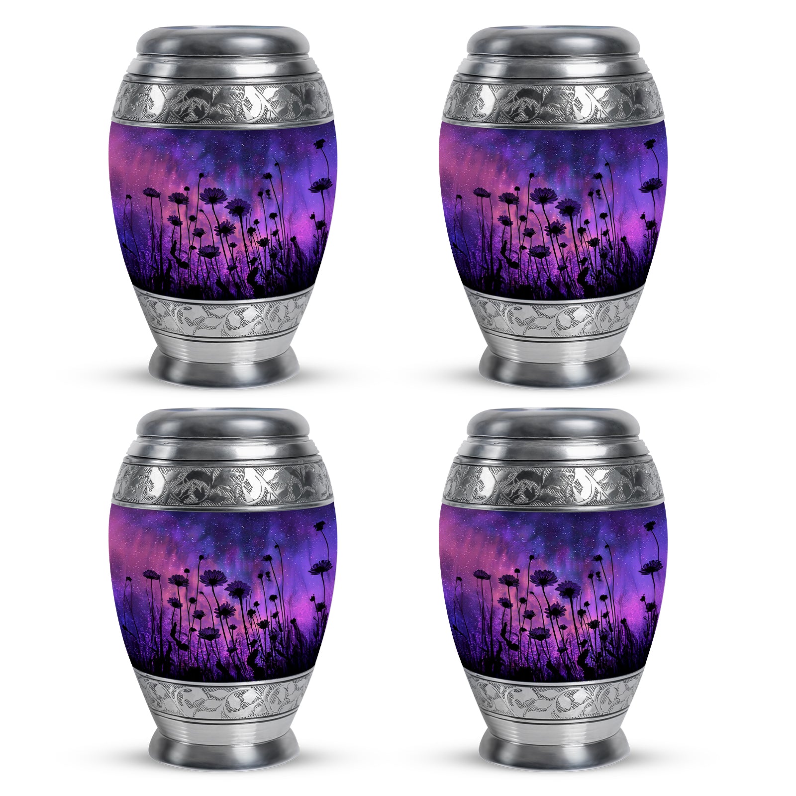 Sapphire Blue Daisy Cremation Urn urn with complimentary velvet bag - majestic daisy pattern with filigree border - 10 inch aluminum urn for cremated remains