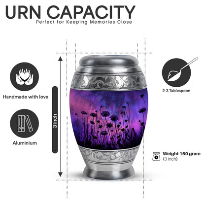 Cobalt Blue Daisy Cremation Urn lifestyle display on memorial shelf - royal daisy engraving with decorative scrollwork - mini keepsake memorial for portion of cremation ashes