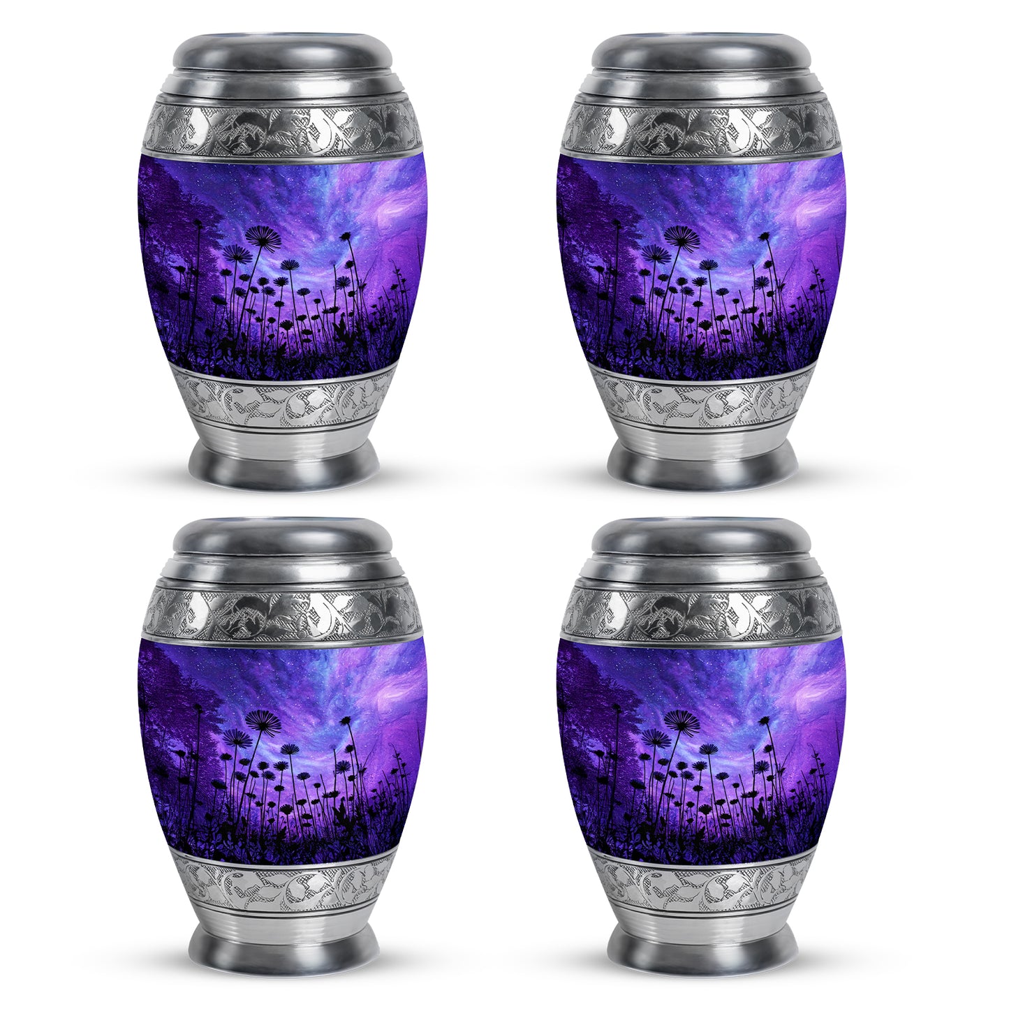 Icy Blue Daisy Cremation Urn urn with complimentary velvet bag - ornate monarch-style daisy relief on brushed aluminum - 10 inch aluminum urn for cremated remains