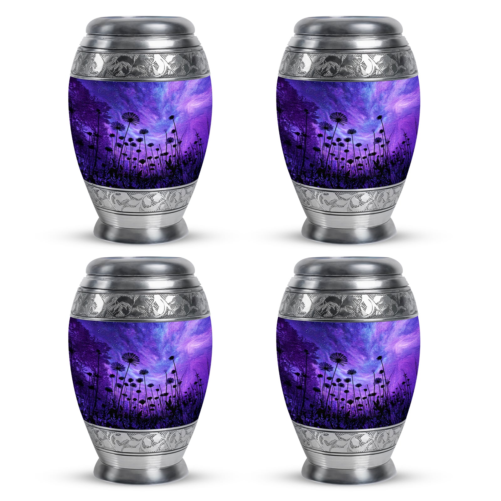 Icy Blue Daisy Cremation Urn urn with complimentary velvet bag - ornate monarch-style daisy relief on brushed aluminum - 10 inch aluminum urn for cremated remains