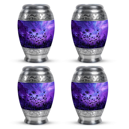 Icy Blue Daisy Cremation Urn urn with complimentary velvet bag - ornate monarch-style daisy relief on brushed aluminum - 10 inch aluminum urn for cremated remains