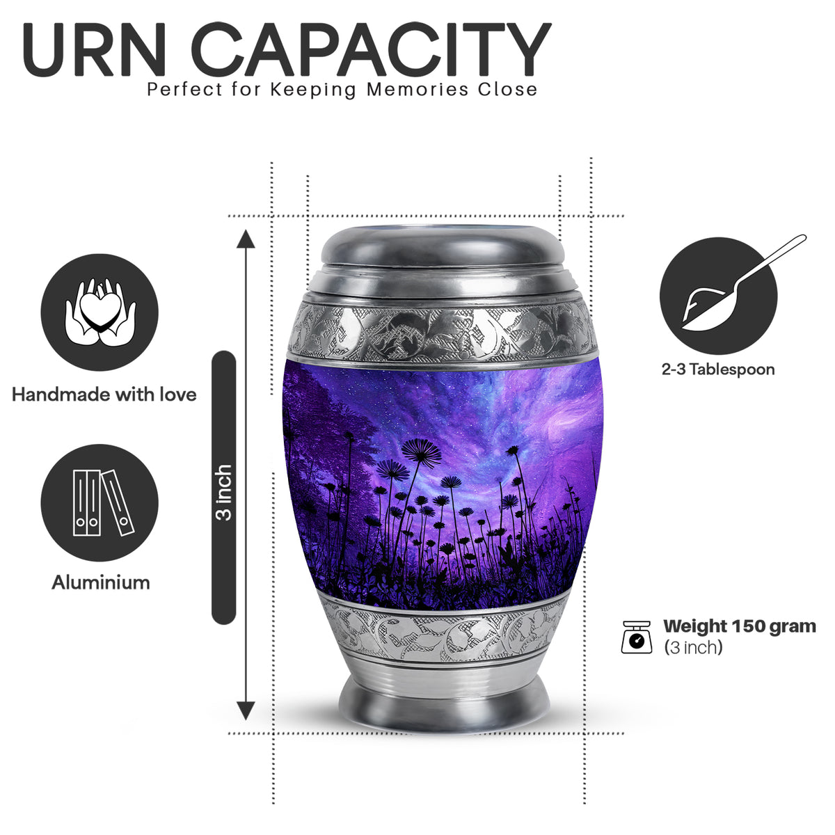 Steel Blue Daisy Cremation Urn lifestyle display on memorial shelf - royal daisy engraving with decorative scrollwork - mini keepsake memorial for portion of cremation ashes