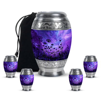 Calming Blue Daisy Cremation Urn detail view - royal daisy engraving with decorative scrollwork - memorial set with one large and four small urns
