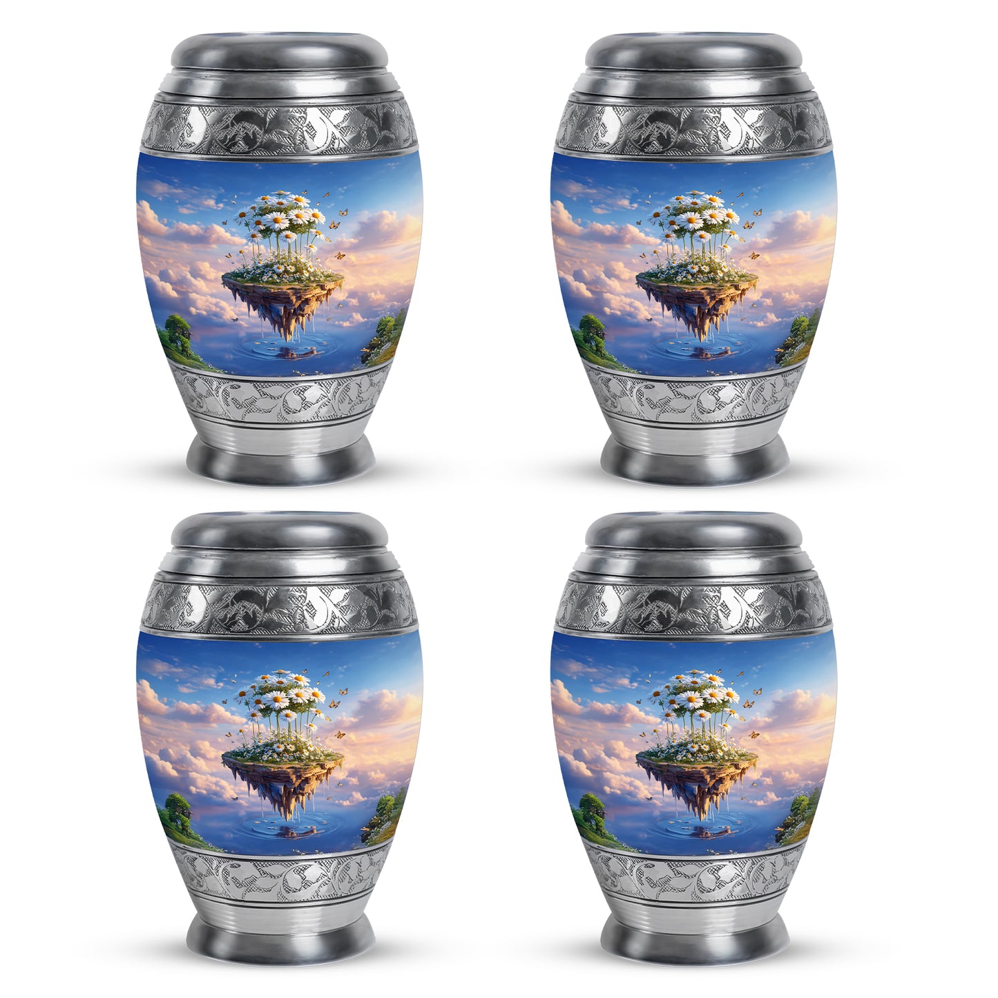 Calming Blue Daisy Cremation Urn urn with complimentary velvet bag - royal daisy engraving with decorative scrollwork - 10 inch aluminum urn for cremated remains