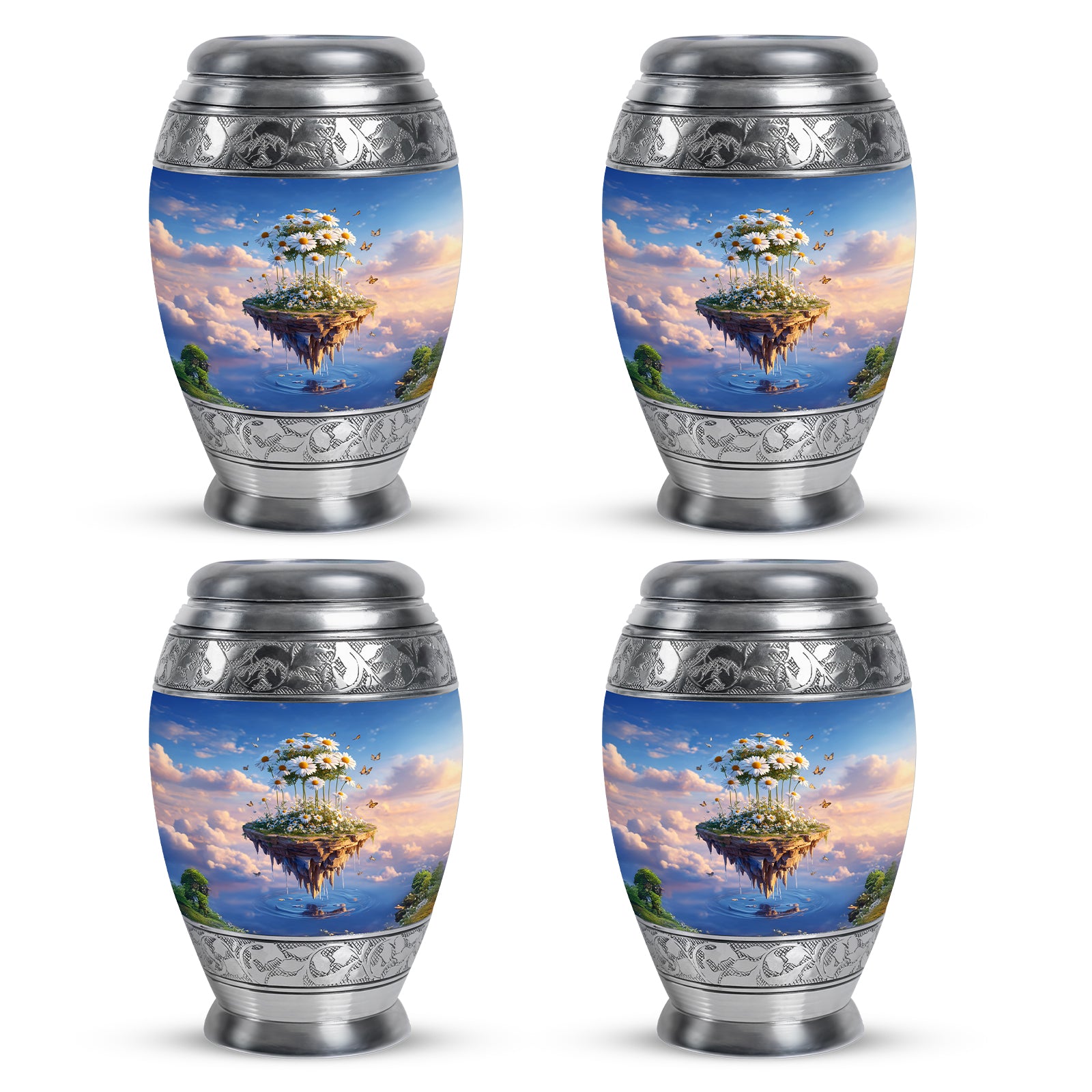 Calming Blue Daisy Cremation Urn urn with complimentary velvet bag - royal daisy engraving with decorative scrollwork - 10 inch aluminum urn for cremated remains