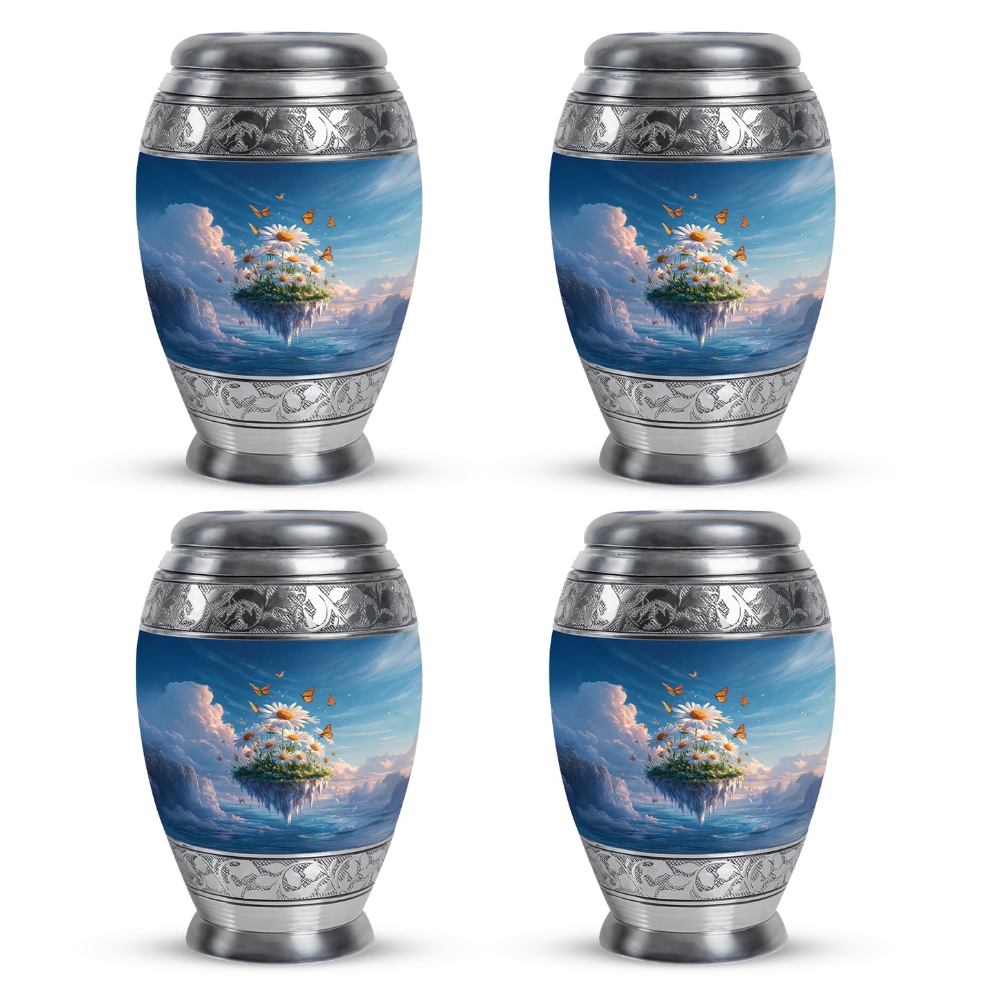 Twilight Blue Daisy Cremation Urn urn with complimentary velvet bag - majestic daisy pattern with filigree border - 10 inch aluminum urn for cremated remains