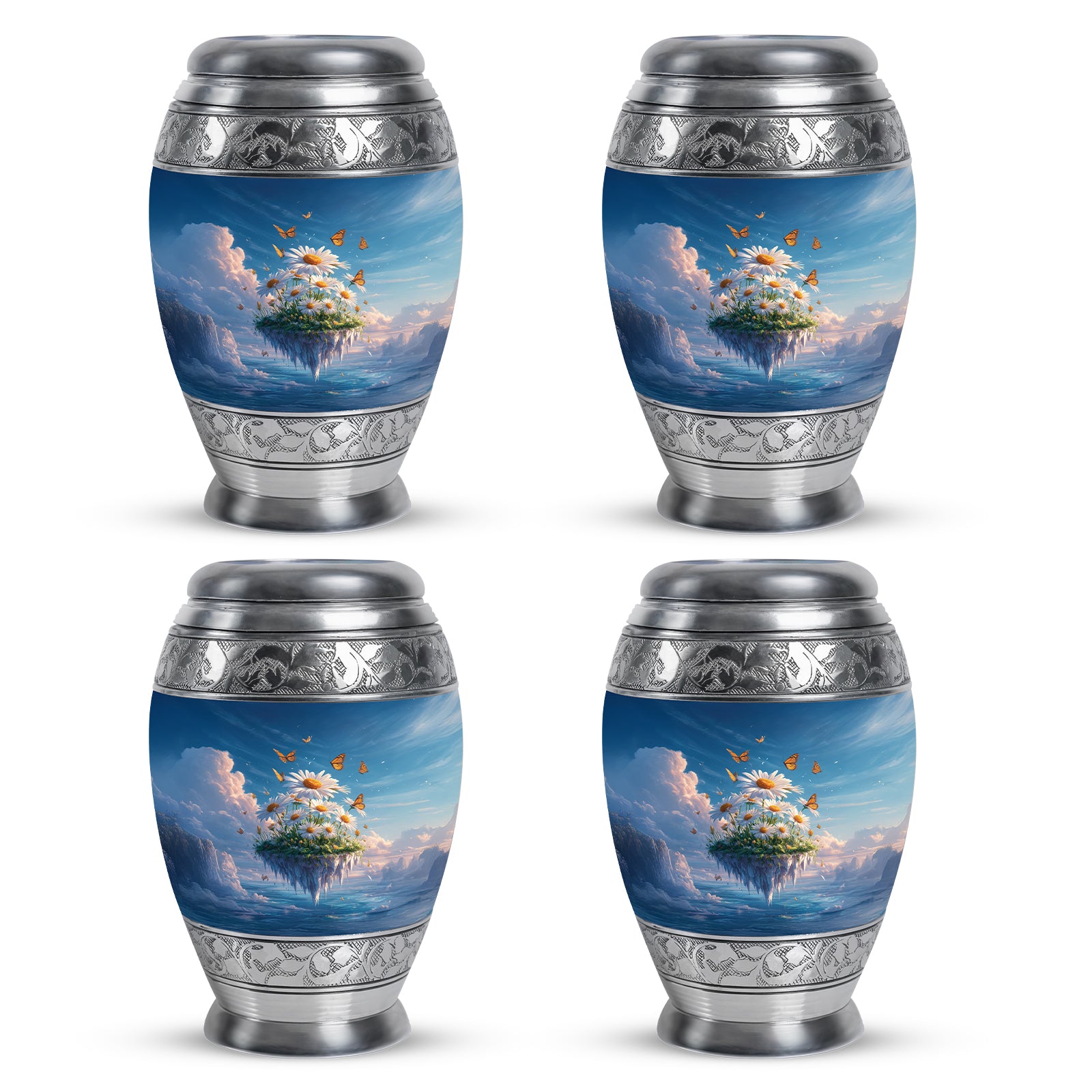 Twilight Blue Daisy Cremation Urn urn with complimentary velvet bag - majestic daisy pattern with filigree border - 10 inch aluminum urn for cremated remains