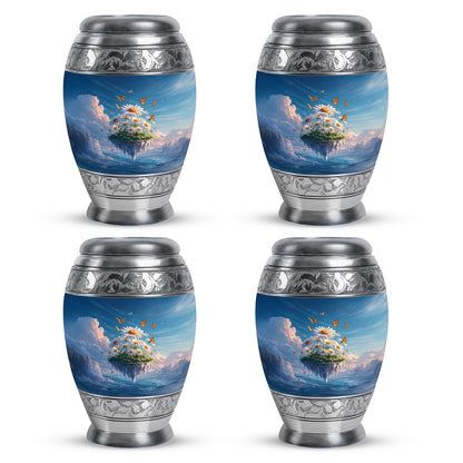 Twilight Blue Daisy Cremation Urn urn with complimentary velvet bag - majestic daisy pattern with filigree border - 10 inch aluminum urn for cremated remains