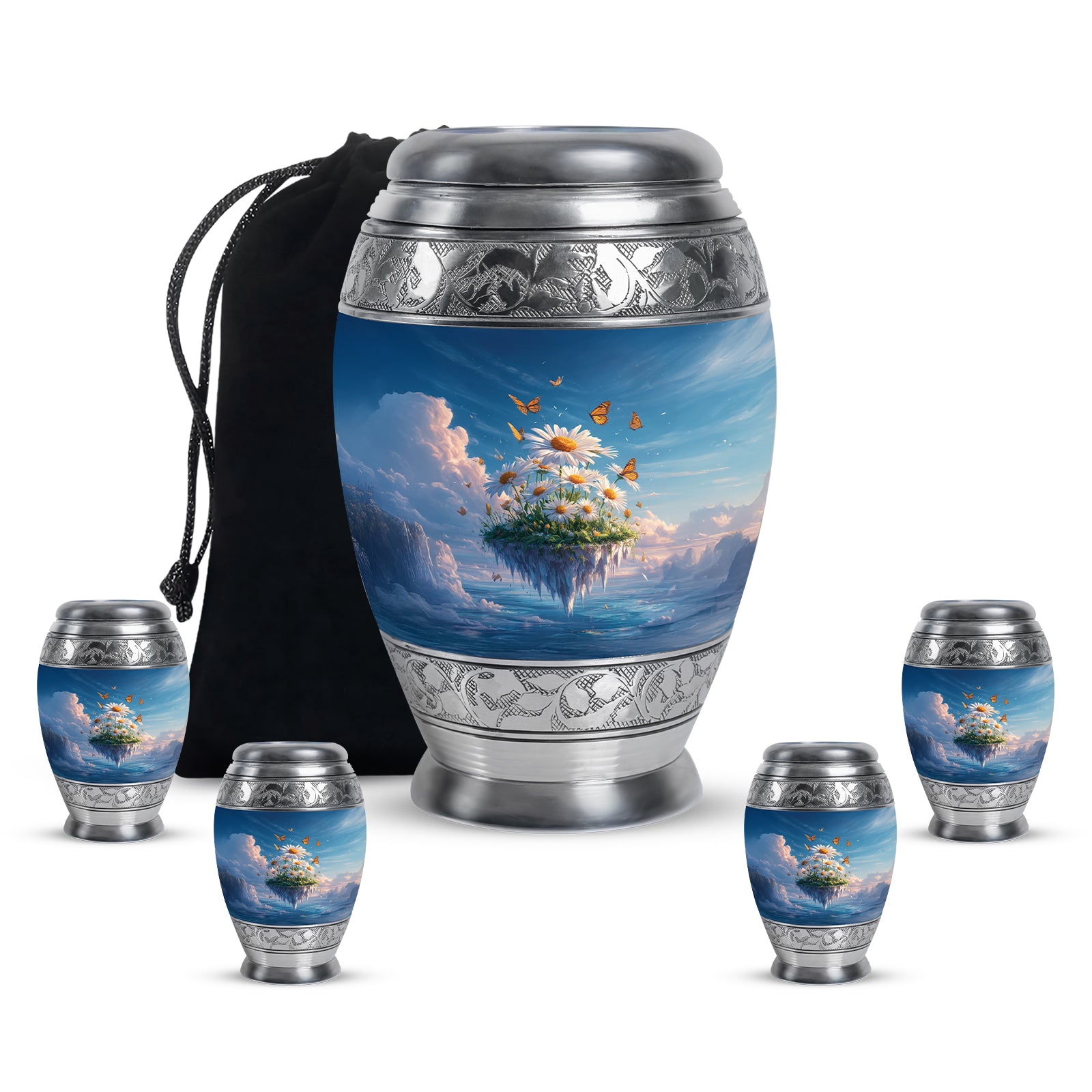 Sapphire Blue Daisy Cremation Urn detail view - royal daisy engraving with decorative scrollwork - memorial set with one large and four small urns
