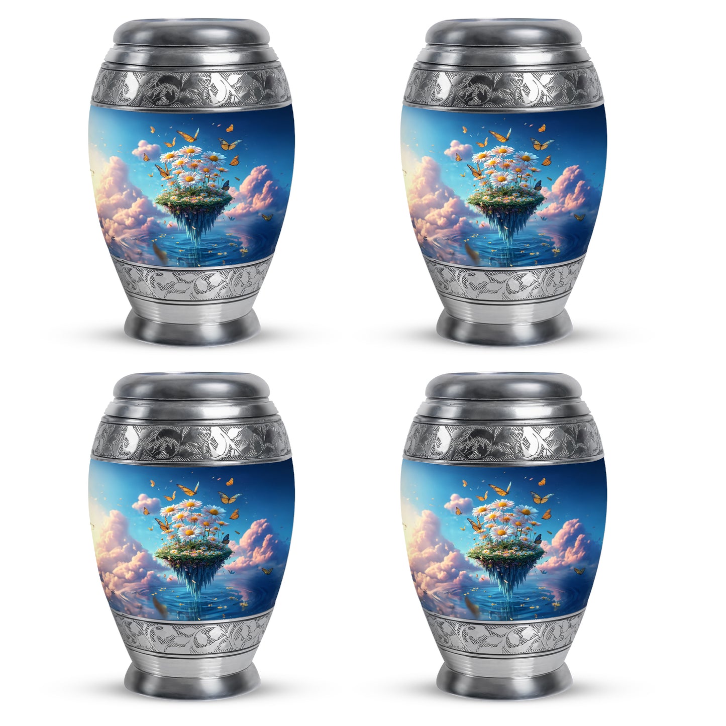 Misty Blue Daisy Cremation Urn urn with complimentary velvet bag - regal daisy design with crown-inspired accents - 10 inch aluminum urn for cremated remains