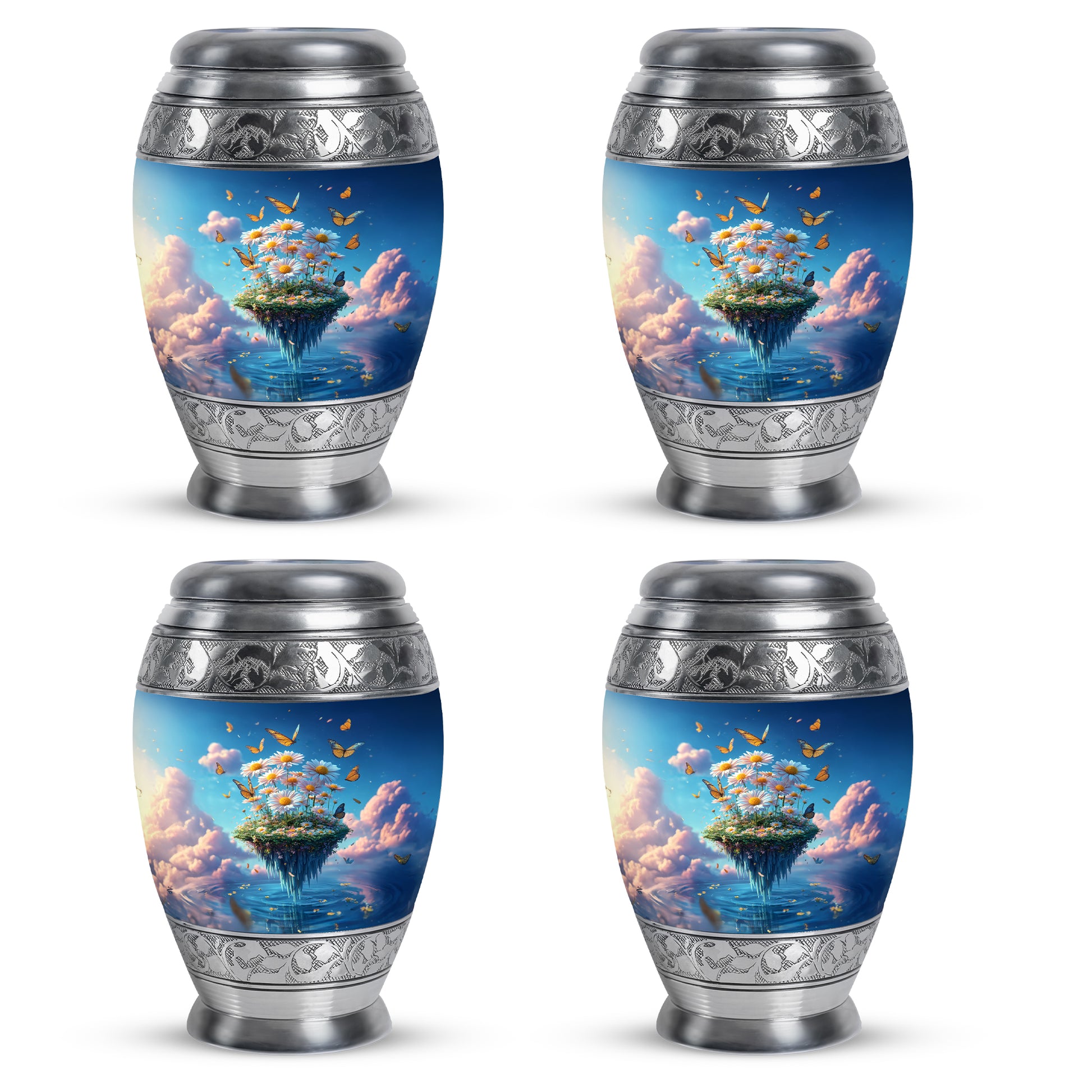Misty Blue Daisy Cremation Urn urn with complimentary velvet bag - regal daisy design with crown-inspired accents - 10 inch aluminum urn for cremated remains