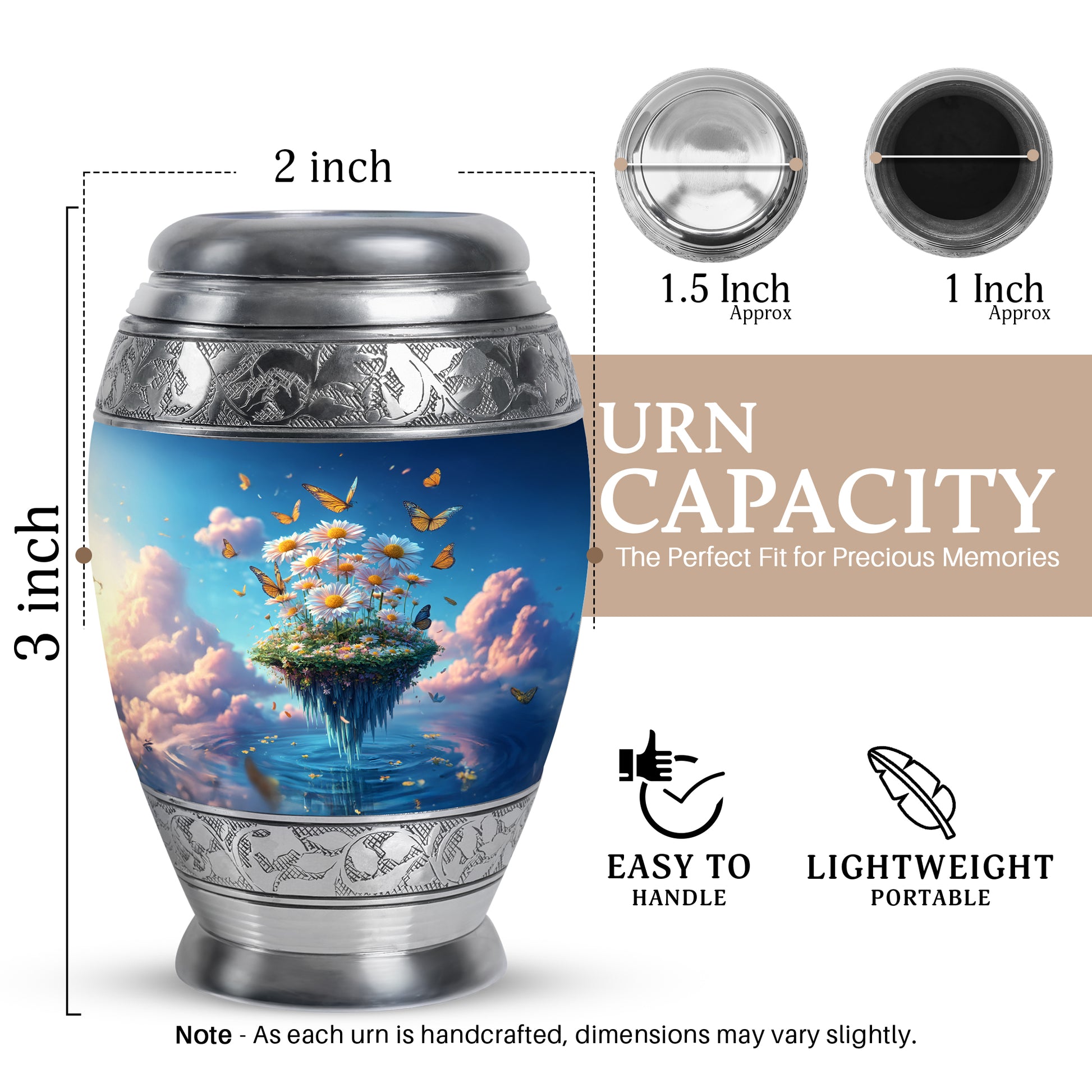 Sky Blue Daisy Cremation Urn lifestyle display on memorial shelf - ornate monarch-style daisy relief on brushed aluminum - mini keepsake memorial for portion of cremation ashes