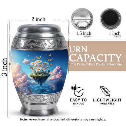 Sky Blue Daisy Cremation Urn lifestyle display on memorial shelf - ornate monarch-style daisy relief on brushed aluminum - mini keepsake memorial for portion of cremation ashes