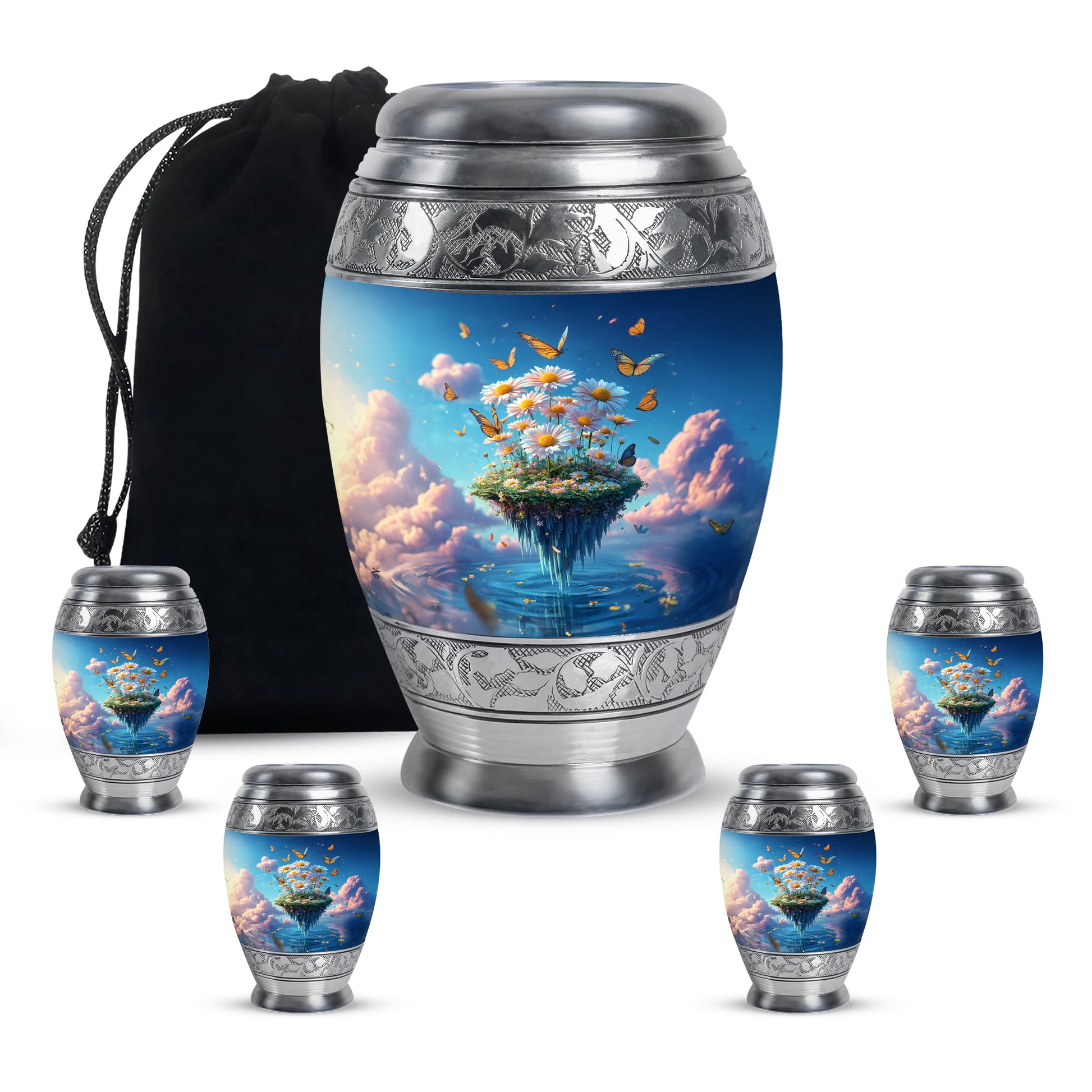 Vivid Blue Daisy Cremation Urn detail view - royal daisy engraving with decorative scrollwork - memorial set with one large and four small urns